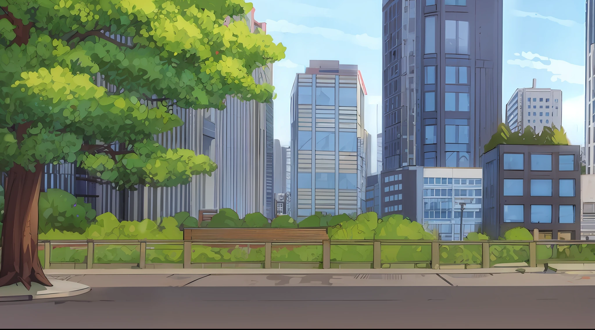 Cartoon City Street,There are tall buildings and trees in the foreground, city street view background, anime style cityscape, town center background, Anime background art, Park background, background urban cityscape, street background, arte de fundo, tokyo street background, city background, city background, hd anime cityscape, city environment, town background, random background scene, Anime background, beautiful cityscape background
