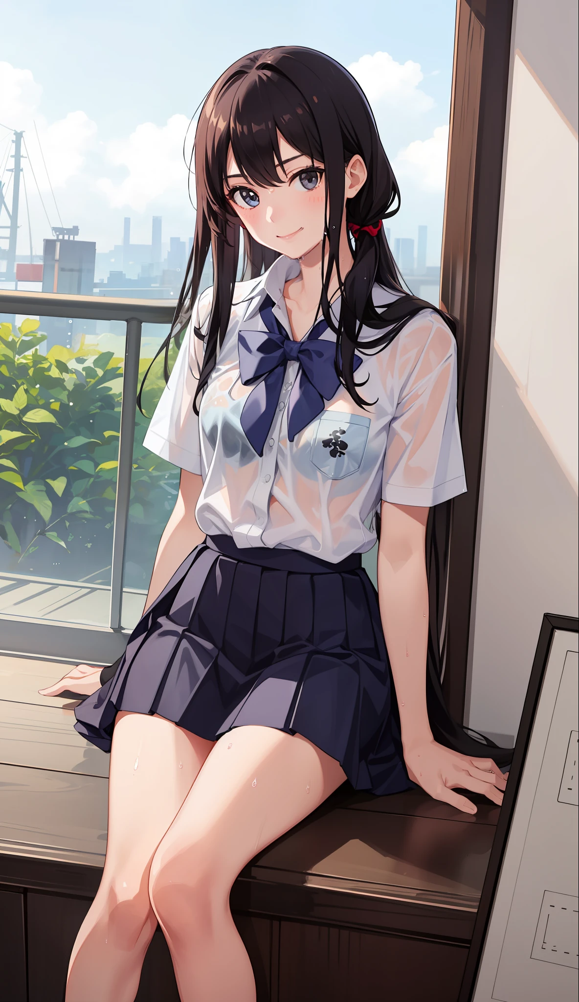 1 girl, smile, shirt, skirt, (small) chiralism, Japan high school school uniform, seravuk, summer clothes, squall-wet uniform, sheer bra, (portrait from knee up),