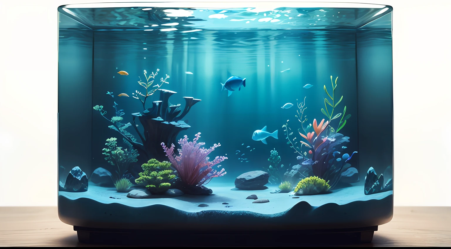 Oversized aquarium,A little stream stone,Realism,A little aquatic weed,Fluctuating water surface,Clean background,ultra-highdetail,Detail Enhancement,Wallpapers,Blue water tank
