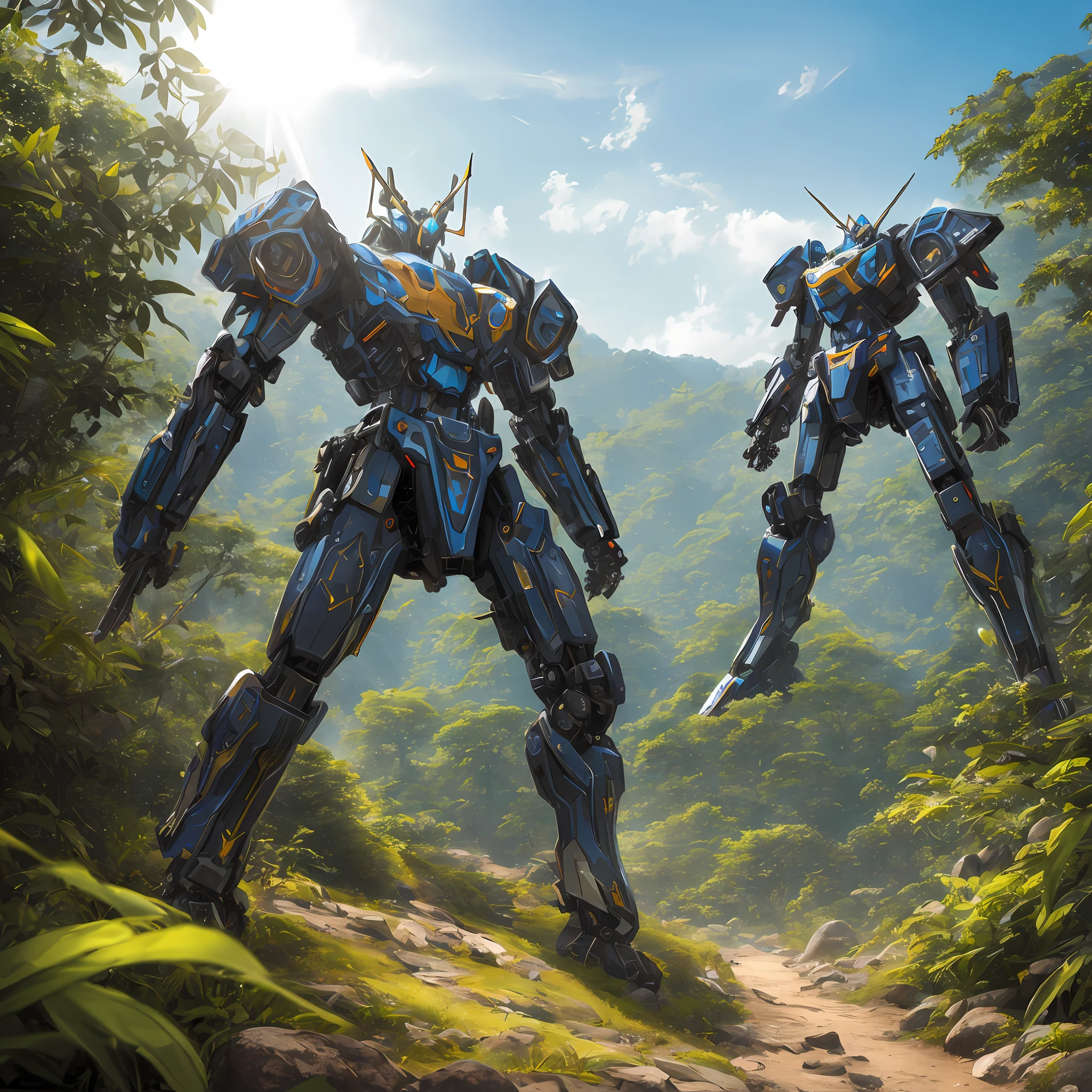 A mech in a dense jungle,The sun shines through the leaves。Stand high on a rock,Overlooking the surroundings。The mech shimmered with a metallic sheen,Its shape is unique and elegant,Every detail shows exquisite craftsmanship。Mechs are equipped with powerful weapons and defense systems,Ability to traverse any terrain with ease。The scene is full of technology。filigree。8K。 --auto