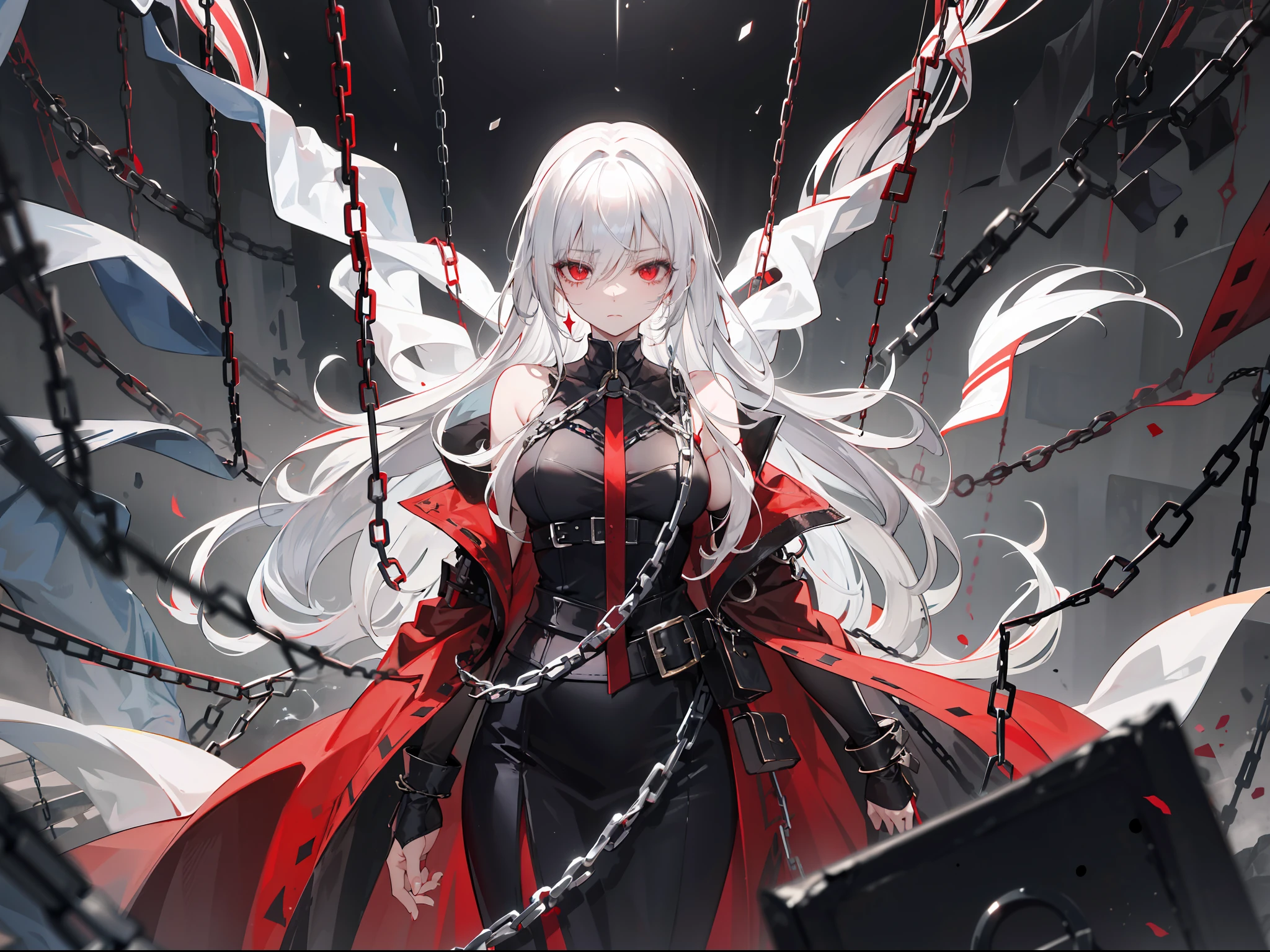 "Create an image depicting a mature woman with long white hair, her red eyes covered by a cloth, being sealed within a chaotic and devastated backdrop. She is chained by many chains, she looks empty, her eyes are covered with cloth, her body is filled with divine chains, she is sealed because she is a villain"