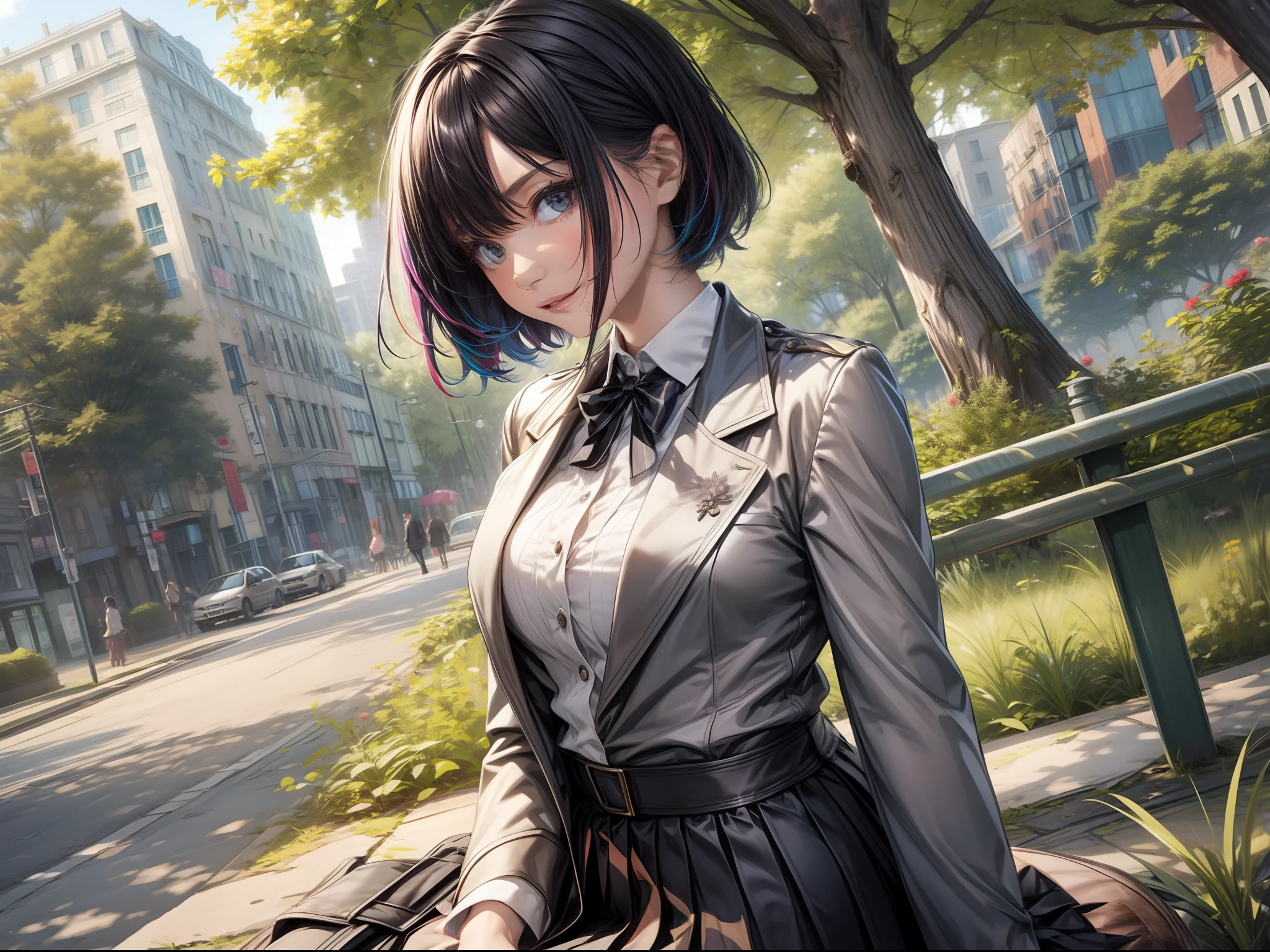 (masterwork)、Ultra-detail、in 8K、Career Woman、Reference sketch of a beautiful gal girl in a black suit skirt、She has short hair and、Black hair、The inner color of the hair is colorful、Ultra-realistic and sharp details、Intricate and intricate details、Take a break on a bench in the shade of a city park in summer、Stretching a fig seems pleasant Fig Diagram