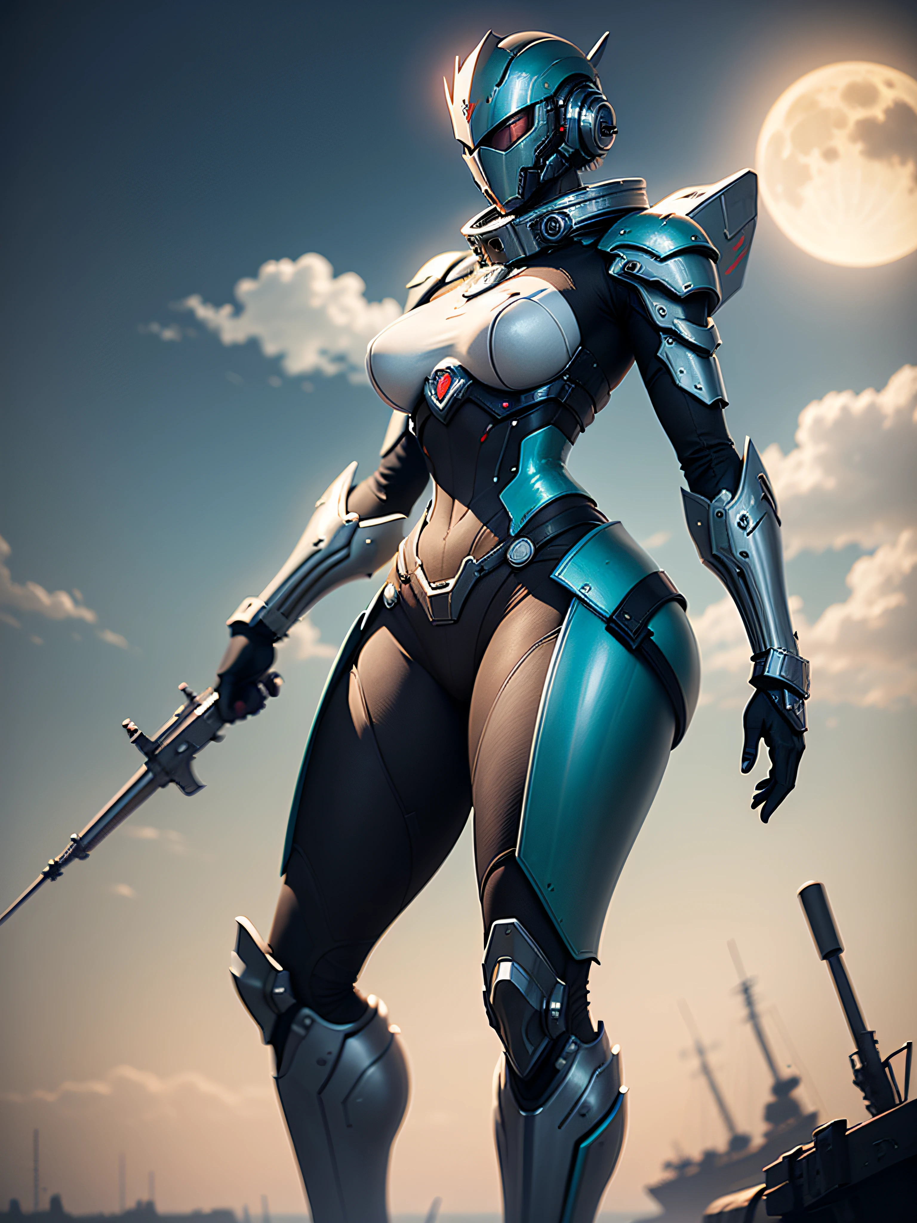 Marine space, Martelo 40,000, mundo em guerra, linda mulher cyberpunk com armadura mecha master chef halo muito detalhado, Mecha Warframe, cores vibrantes, vermelho, Branco, azul, verde, metallic yellow, enferrujada, Usado, sujo de sangue, with sky with clouds and full moon and battleships, corpo inteiro com armadura detalhada, campo de batalha sangrento,