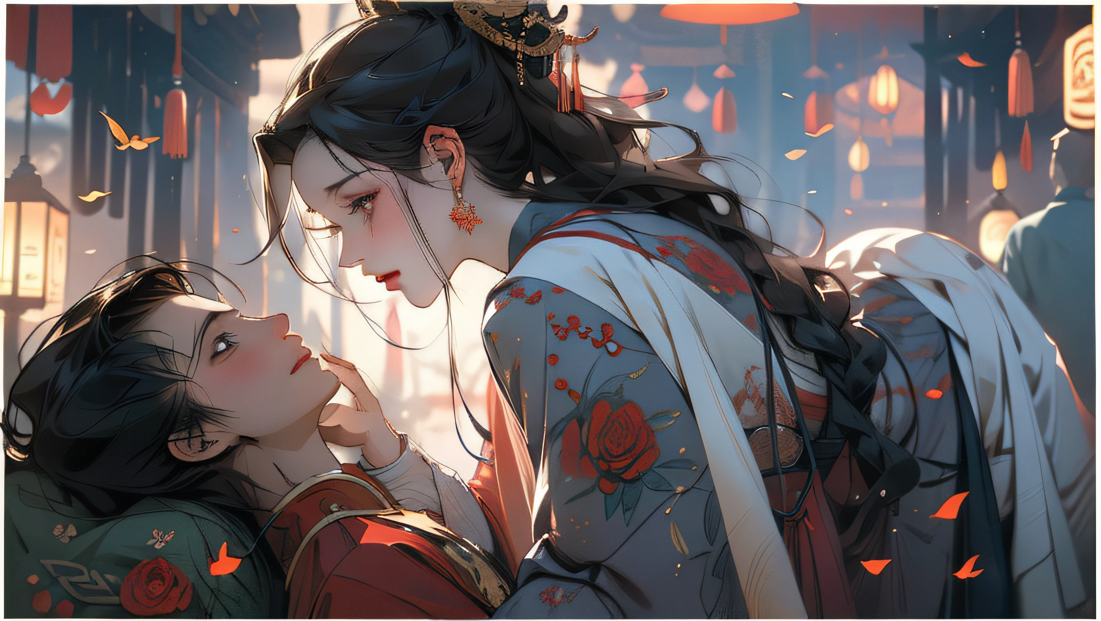The two looked at each other,Side face,A man and a woman,The girl presses down the boy,two-dimensional,Smooth hair,best qualiy,master-piece,hyper detailed,Extreme detail,8k壁紙,Realistic details,Cinematic Lights,dynamicangle,World Mastery Theatre,best qualiy,Extremely delicate,Perfect face,exquisite facial features,The Perfect Hand,Delicate lashes,exquisite eyes,Ancient Chinese hairstyle,Red lanterns,the golden ratio,Melancholy expression,grin,rose petals,Light and shadow tracking,