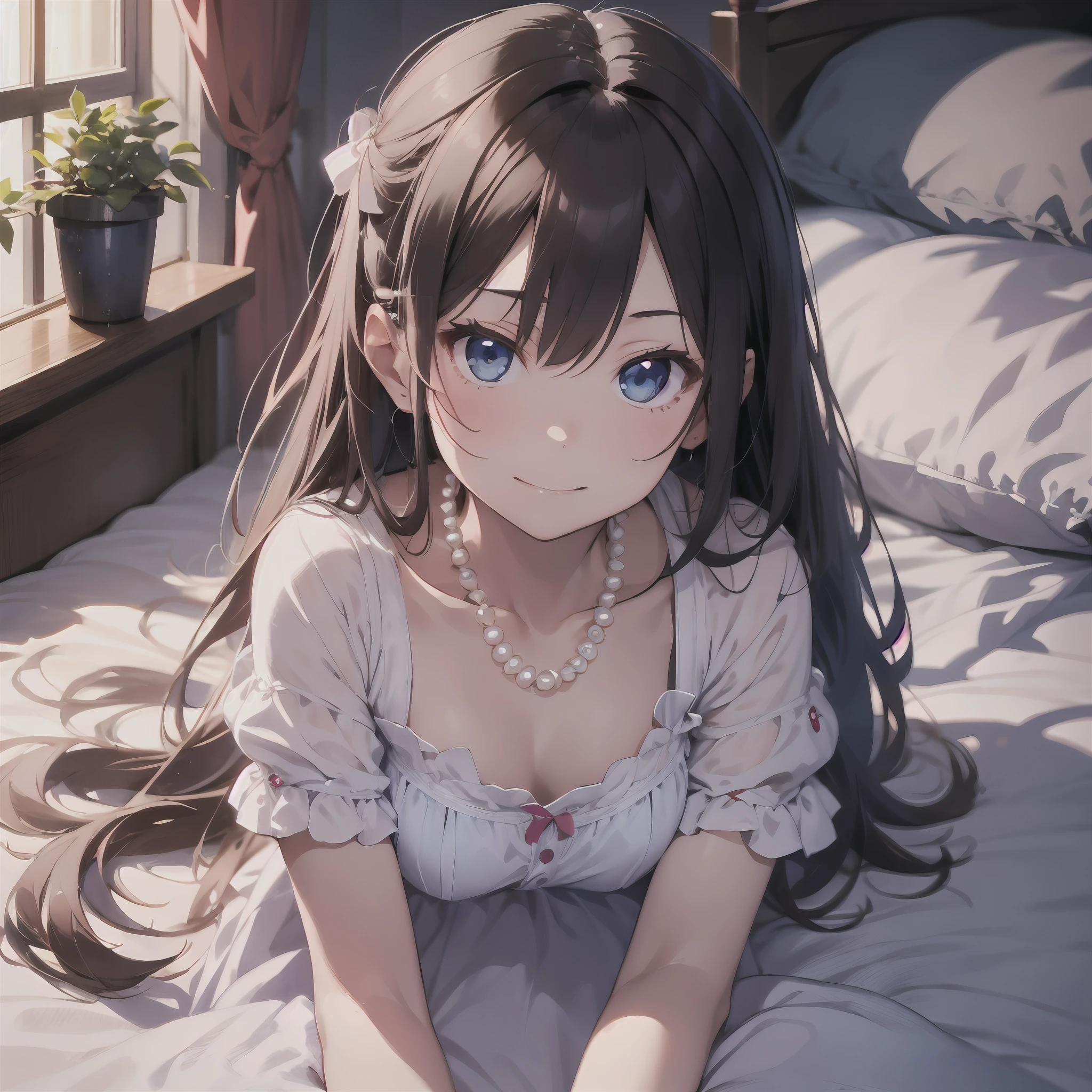 masterpiece, maximum quality, Ultra-detail, break, 1girls, Small Girl, nightgown, ((Pearl Necklace)),smirks, Pink long hair,Blue eyes, break, lie face down, break, Bed, night, window, kk,