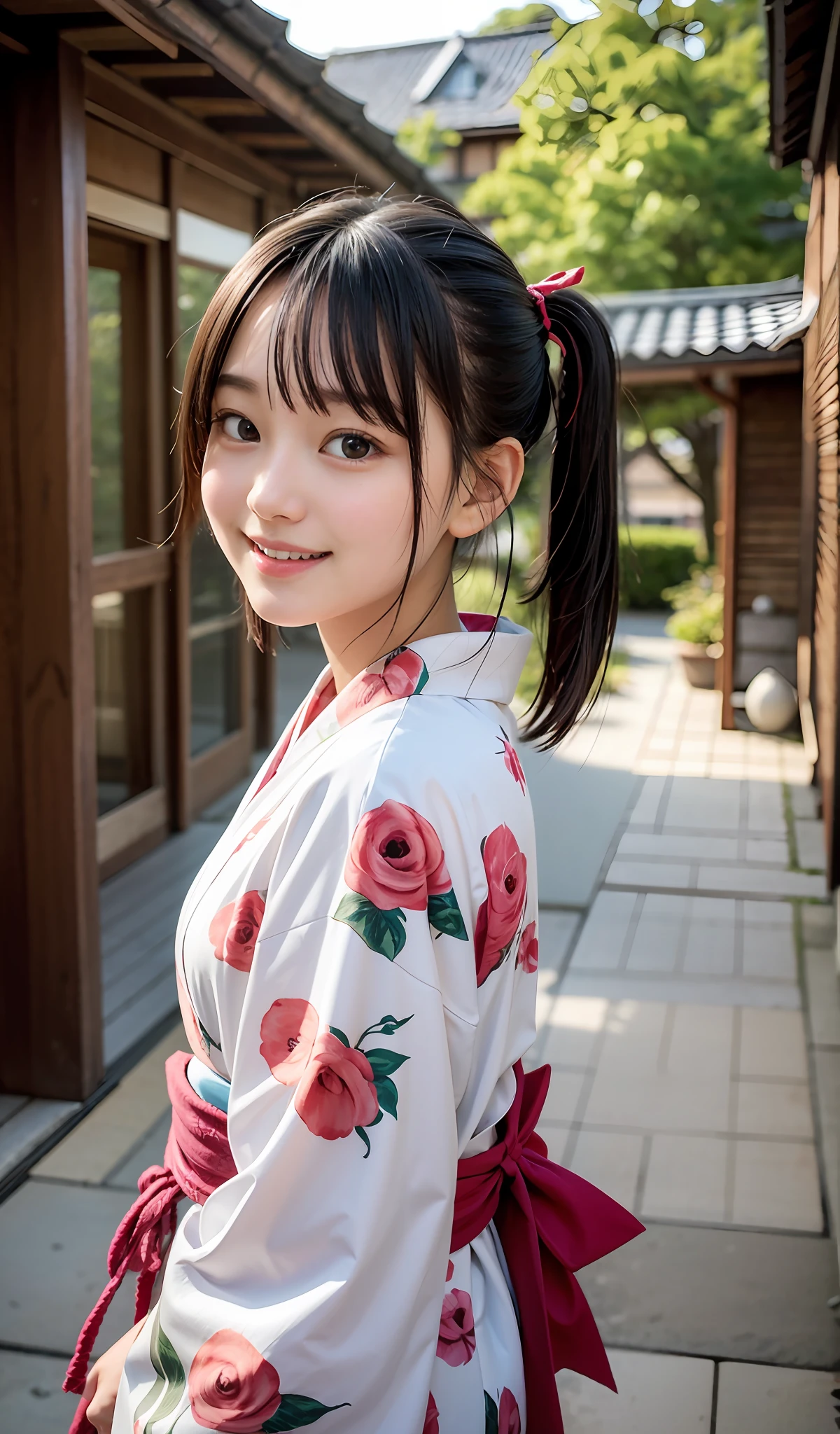 1 girl、masterwork、maximum quality、Realstic、ponytails、16歳、Japan houses、Thin kimono、porch、water melon、Charming eyes、Sorrisos、extremely detailed