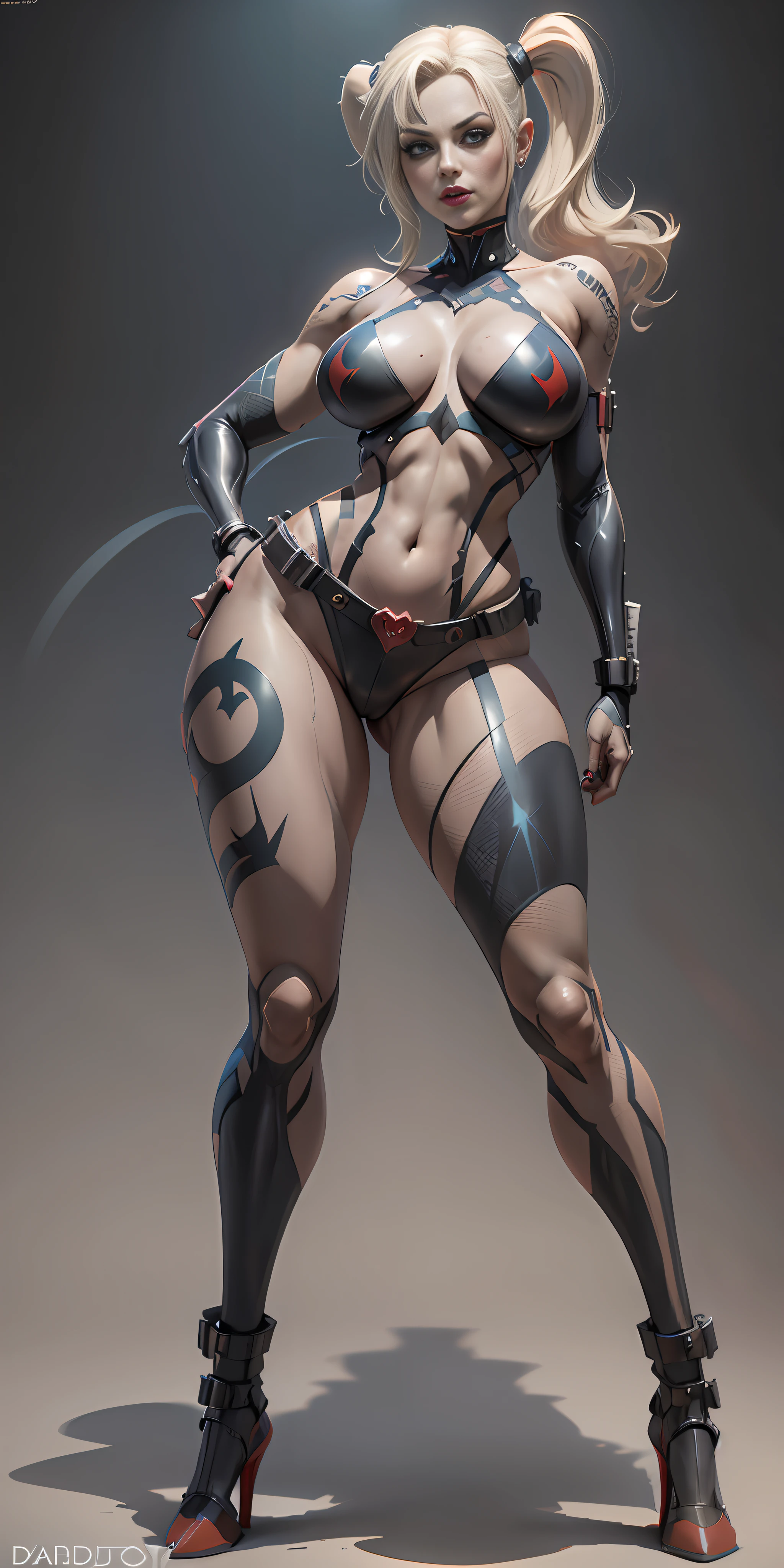 Harley Quinn from DC, big breasts, frontal, full-length, looking at the camera, facing the audience, standing pose, simple background, three-dimensional light, detailed full-body concept, sleek digital concept art, beautiful full-body concept art, art trend, CGsociety full-length,