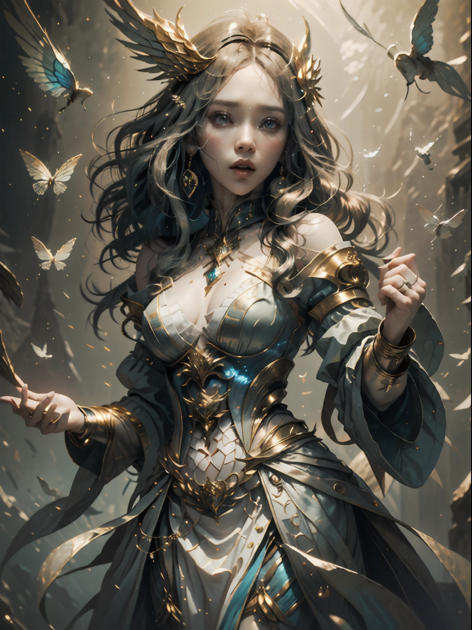 In the style of mythic and storybook fantasy, with rainbow colors. Generate a mature woman with a beautiful face. She is pouting. She has beautiful detailed eyes, 8k eyes, hires eyes, and realistic eyes. She has puffy lips and a big mouth. She has curly hair with a realistic texture, curls_hairstyle, side_swept_hair. Her clothes are made of silk and pearls, with intricate embroidery, wearing hc_gown. ((Kimtaeyeon:1.2)), fantasy art, realistic art, subsurface scattering. Include phantasmal iridescence, bumps, and saturated colors. Include many fantasy and celestial details. Intricate details, enhanced details, CGI, unreal engine, unity engine, (fantasy00d:1.5), fantasy character, perfect body, masterpiece int, ((masterpiece)), ((fantasy clothing)), beautiful lighting, include floating ribbons and bows and highly detailed gilded butterflies. Light: Utilize innovative lighting techniques that enhance her eyes and enhance small details in the artwork. Camera: Utilize dynamic composition techniques to create an action-packed image that takes viewers on an adventure. Include rays of magic and rainbows