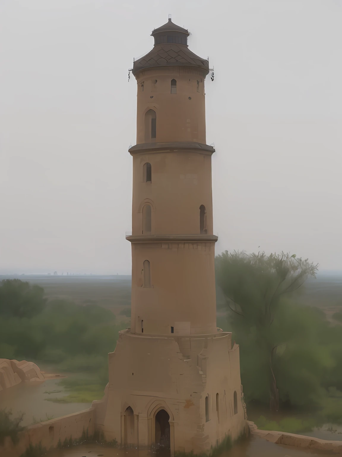 There is a tall tower,There is a clock on it, Tower, painted tower of the moon, hardturm, lookout tower, giraud, lighthouse in the desert, colossal tower, old ruins tower, flooded tower, minarets, lookout tower, ancien chinese tower, with towers, flooded ancient tower, pagoda, single flooded tower, photo taken from far