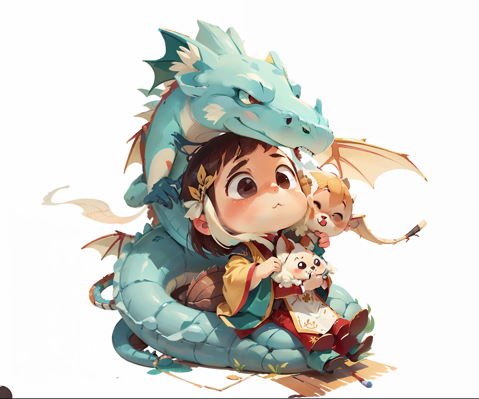 A cute little child sitting in the arms of a dragon,Wear Hanfu and hold brushes and scrolls