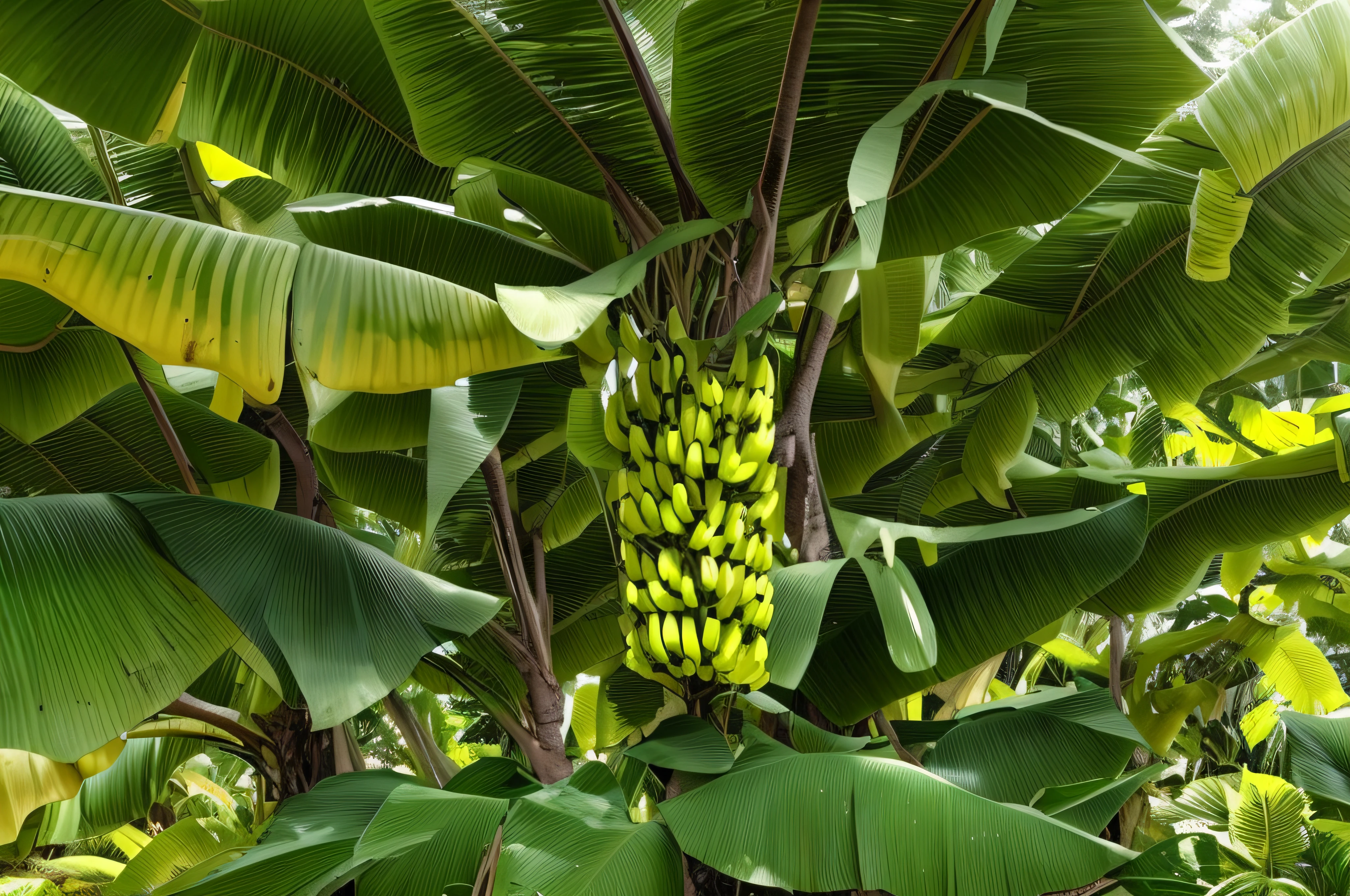 there is a large bunch of bananas growing on a tree, banana trees, clumps of bananas, giant bananas natural disaster, bananas, bananas, banana plants drawing, Palm, banana color, lush fertile fecund, big leaves and stems, shutterstock, istock, the photo shows a large, tropical fruit, lush plant growth, in a tropical forest, trending ，