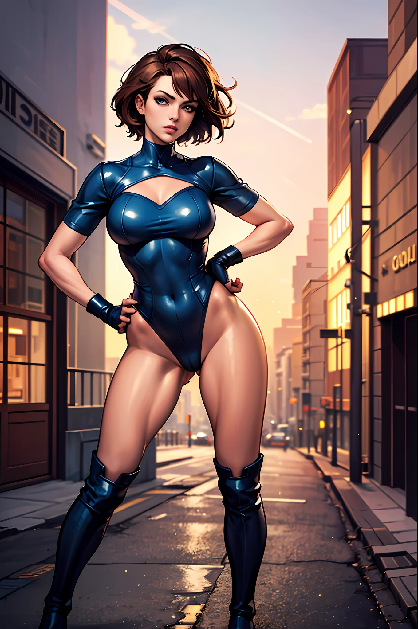 ((masterpiece)), ((best quality)), ((highres)), beautiful woman, splash art, 8K, solo, superhero, bare legs, (tight leotard: 1), hands on hip, city backdrop, knee boots, (perfect hands: 1), sparkling, light particles, short hair, brown hair, dark blue eyes