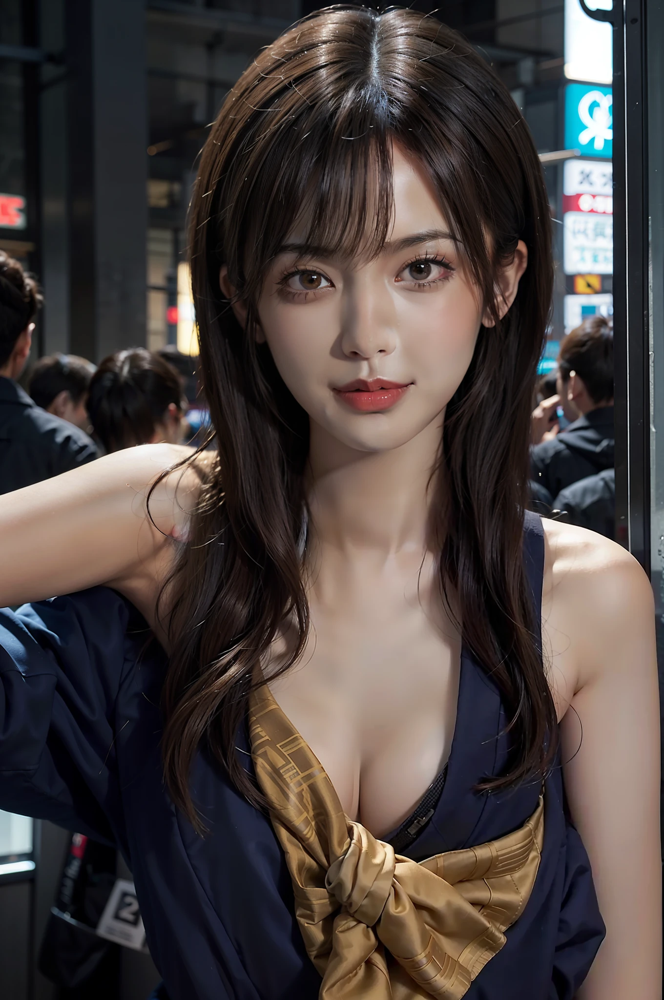 Japanese girl, Japanese clothing,Japanese hairstyle,smiled,Stand sideways looking out the window,Side face, lips, Hair bangs, (Crowded Akihabara: 1.2) natrual light, all-body, Deep shadows, Cutes, beutiful, Shinjuku, Shibuya, Ikebukuro, Detailed realism, skin textures, hyper detailed, realistic skin textures, (Award-winning photos,Incredible masterpiece: 1.3)