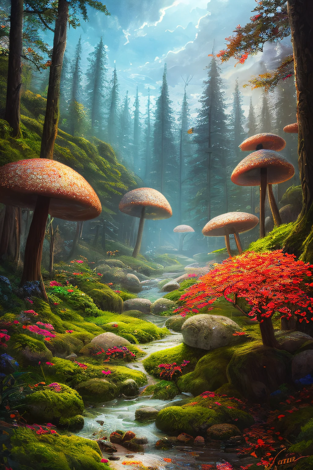 masterpiece, best quality, high quality,extremely detailed CG unity 8k wallpaper, An enchanting and dreamy scene of a fantasy forest, with towering trees, glowing mushrooms, and hidden fairy glens, creating a sense of mystique and enchantment, artstation, digital illustration, intricate, trending, pastel colors, oil paiting, award winning photography, Bokeh, Depth of Field, HDR, bloom, Chromatic Aberration ,Photorealistic,extremely detailed, trending on artstation, trending on CGsociety, Intricate, High Detail, dramatic, art by midjourney