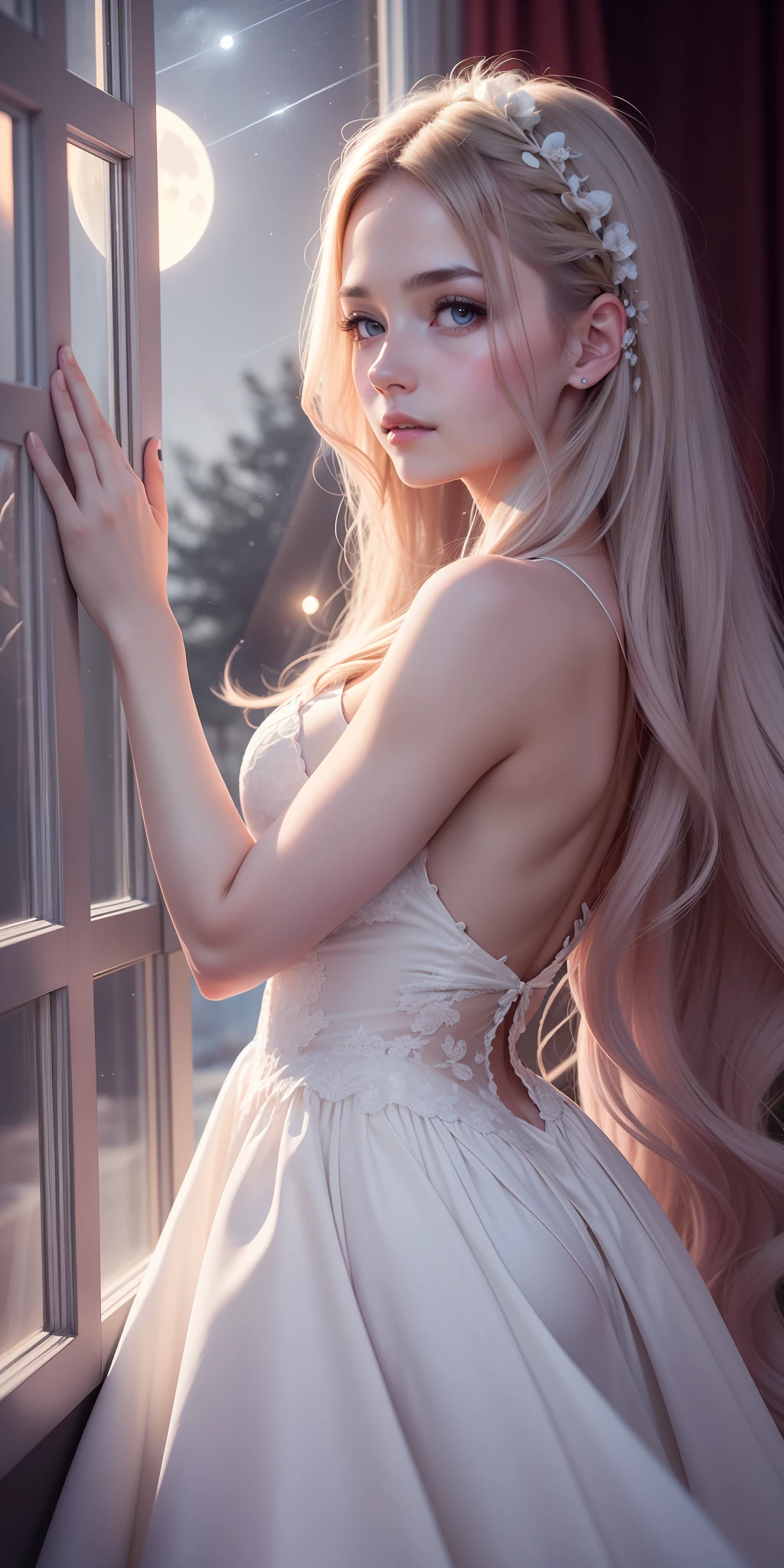 Best possible quality, (ultra resolution 8k),the most beautiful girl, the most beautiful, long hair moved by the wind, looking at the moon, serene look, looking through the window,full moon,firmament, silk dress in motion