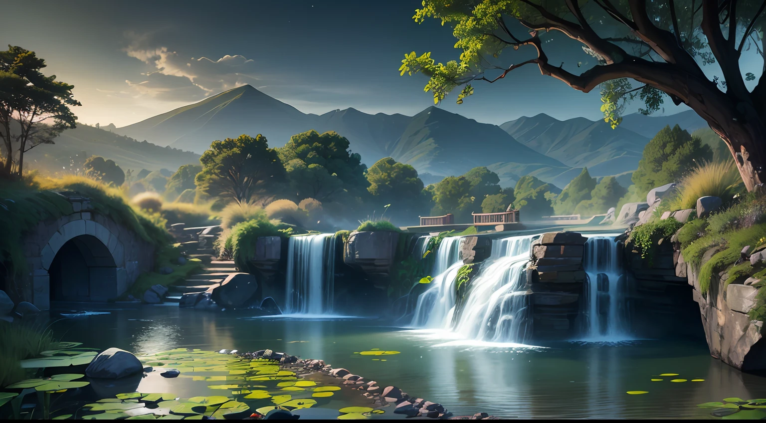 Ancient Chinese architecture, garden, bamboo, lake, stone bridge, rockery, arch, corner, rockery, tree, flowing water, landscape, outdoor, waterfall, meadow, rock, water lily, stream, lotus, night view, dark, horror, hot springs, water vapor, (illustration: 1.0), epic composition, realistic lighting, high-definition detail, masterpiece, best quality, (very detailed CG unified 8k wallpaper), (best quality)