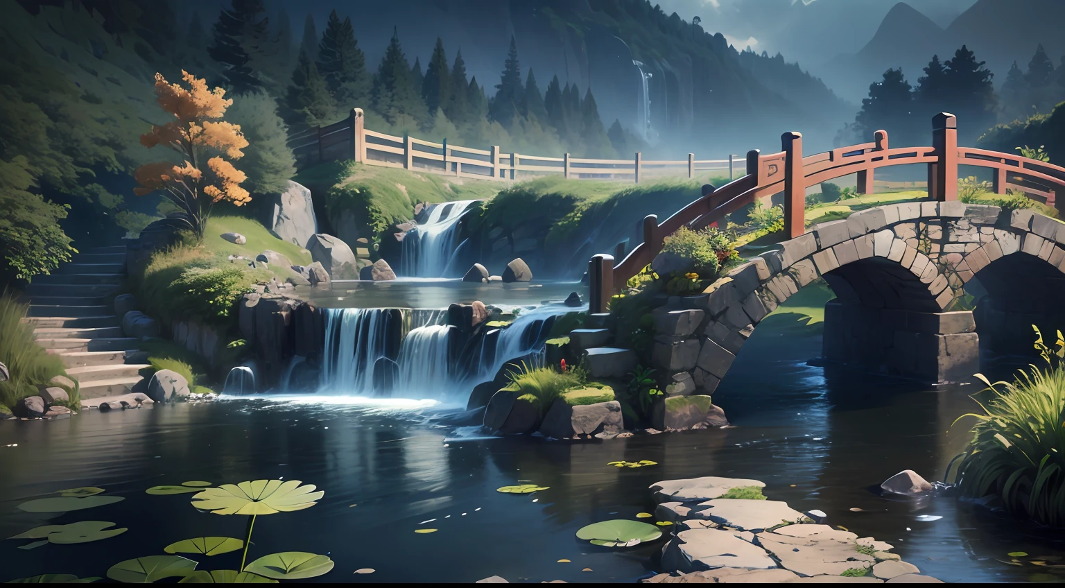 Ancient Chinese architecture, garden, bamboo, lake, stone bridge, rockery, arch, corner, rockery, tree, flowing water, landscape, outdoor, waterfall, meadow, rock, water lily, stream, lotus, night view, dark, horror, hot springs, water vapor, (illustration: 1.0), epic composition, realistic lighting, high-definition detail, masterpiece, best quality, (very detailed CG unified 8k wallpaper), (best quality)