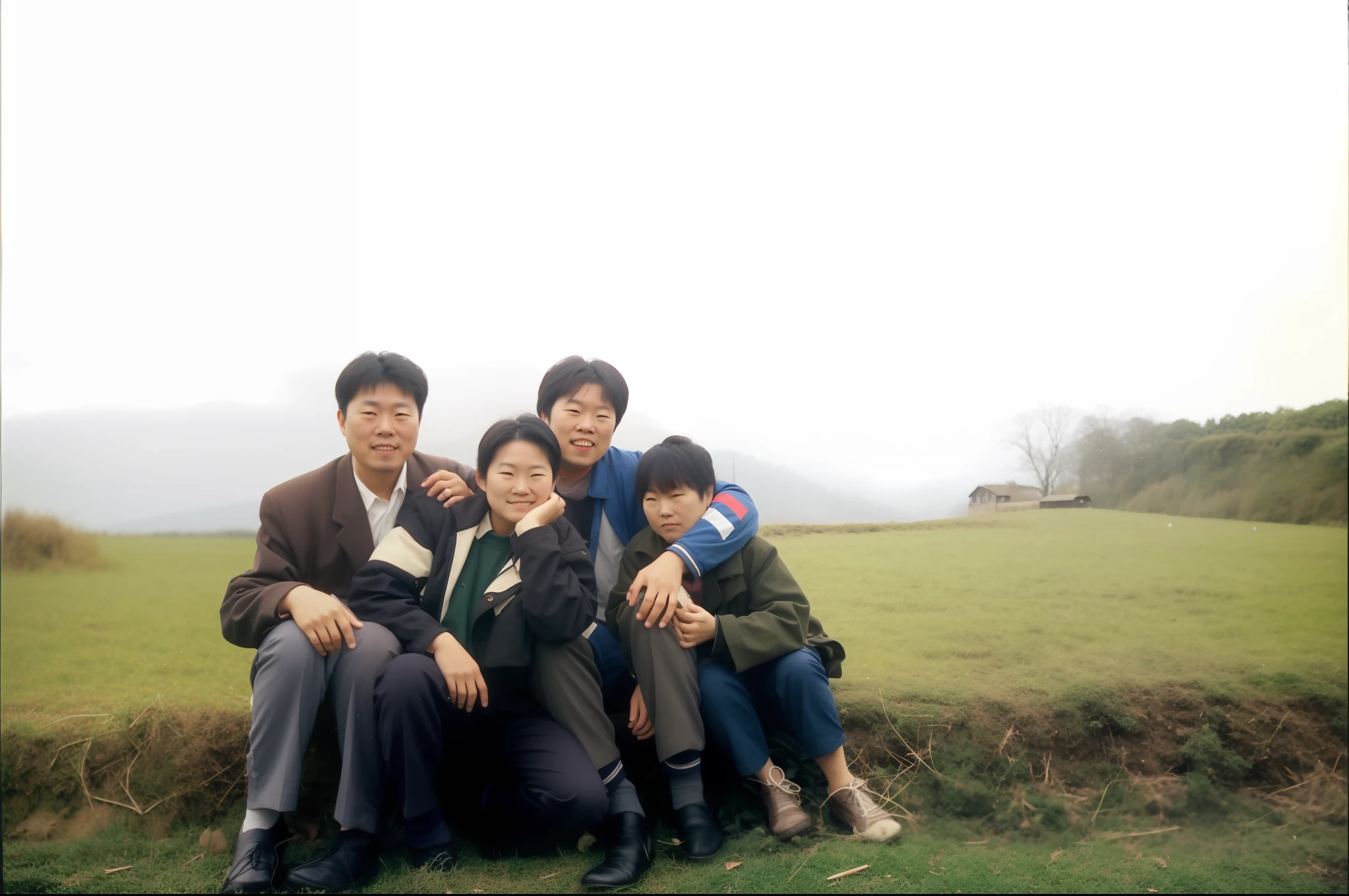 there are four people sitting on a bench in a field, fujicolor photo, author:Akuri Uchida, with village, author:Masao Maeda, 90s photo, photo 1 9 9 0 s, A picture, rinko kawauchi, fuji superia, color photograph, 1990's photo, fujicolor sample