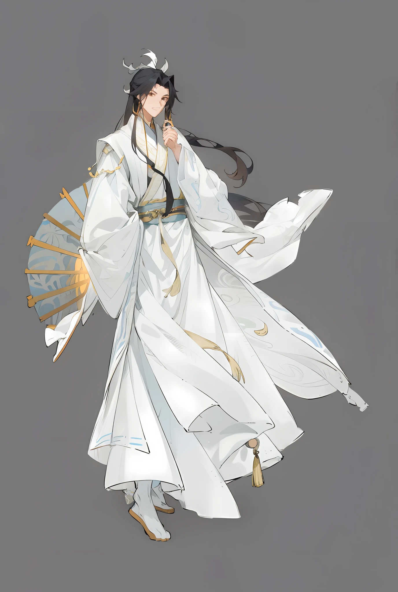 anime character dressed in white and gold with fan and fan, flowing white robes, flowing hair and long robes, White Hanfu, full body xianxia, flowing white robes, very long white cloak, long white cloak, full body wuxia, wearing a long flowing robe, dressed with long fluent clothes,4K,best qualiy,Detailed facial features,Delicate facial features --auto