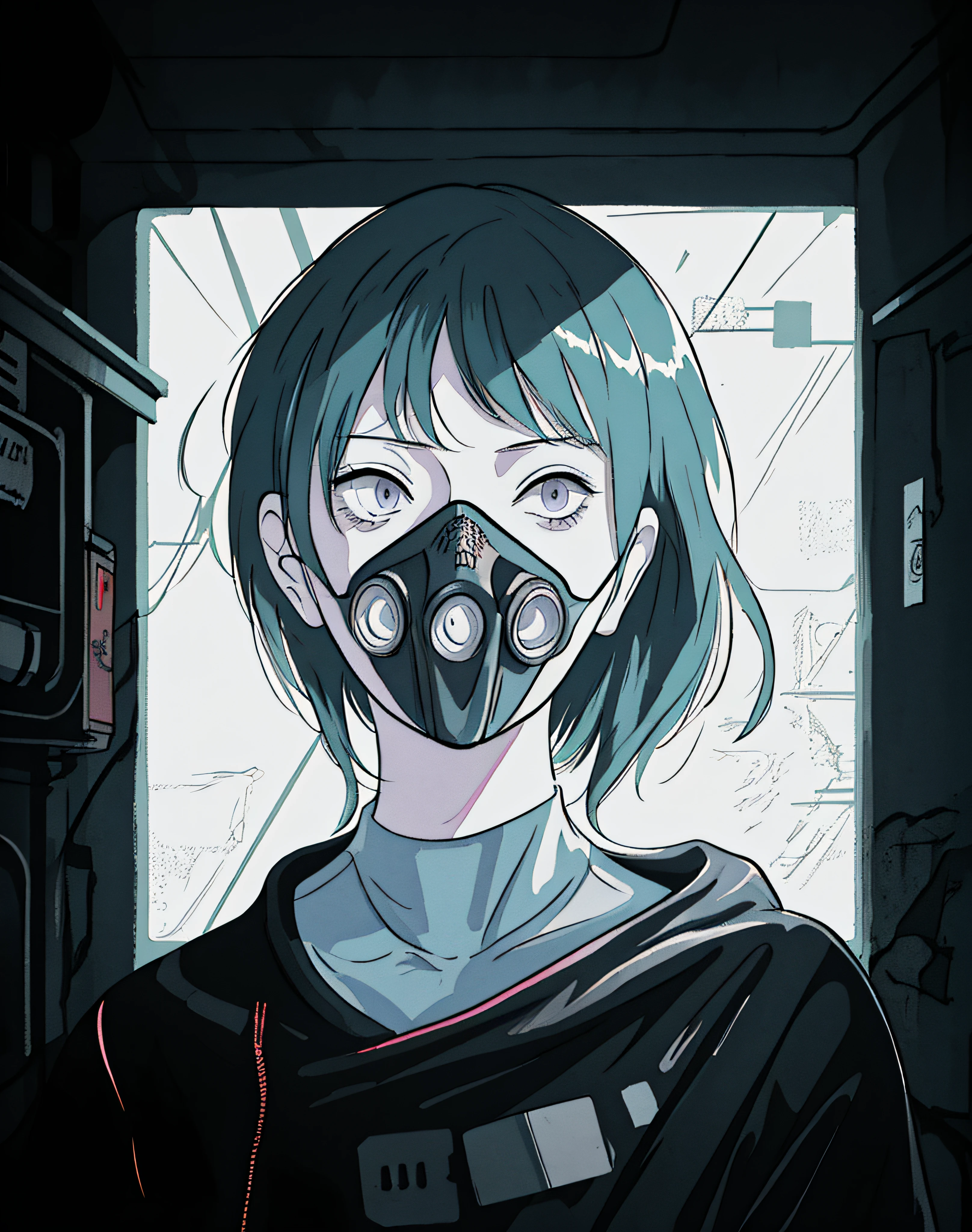 anime girl with gas mask and gloves in front of a grid, dark cyberpunk illustration, aesthetic cyberpunk, cyberpunk art style, anime cyberpunk art, cyberpunk illustration, muted cyberpunk style, cyberpunk horror style, digital cyberpunk anime art, cyberpunk anime art, digital cyberpunk - anime art, style of cyberpunk, cyberpunk aesthetic, grunge cyberpunk, cyberpunk anime girl, e - girl, e-girl