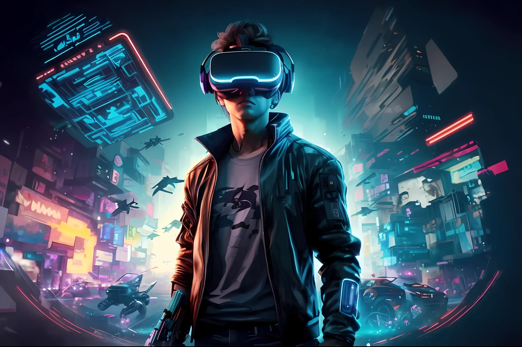 a man in a black jacket and glasses stands in front of a futuristic city, vr game, cyberpunk vibe, cyberpunk vibes, deeper into the metaverse we go, has cyberpunk style, cyberpunk theme, in cyber punk 2077, cyberpunk futuristic, cyberpunk future, synthwave, wearing cyberpunk streetwear, futuristic cyberpunk, cyberpunk tech, retro cyberpunk, synthwave style