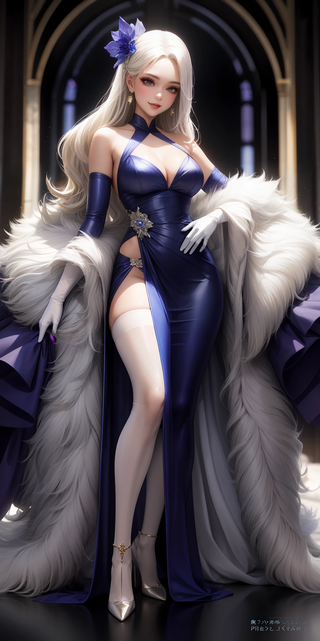 realisti、1 adult female。Blue-violet underwear、White pantyhose、Enchanted smile、Long platinum blonde hair up to the waist。long white shaggy、Fur shawls。highheels、long legs。elongated face、lipgloss、Double eyelidd、long curled lashes、Wearing makeup。Wearing earrings。Wearing a kanzashi。Wearing satin gloves。