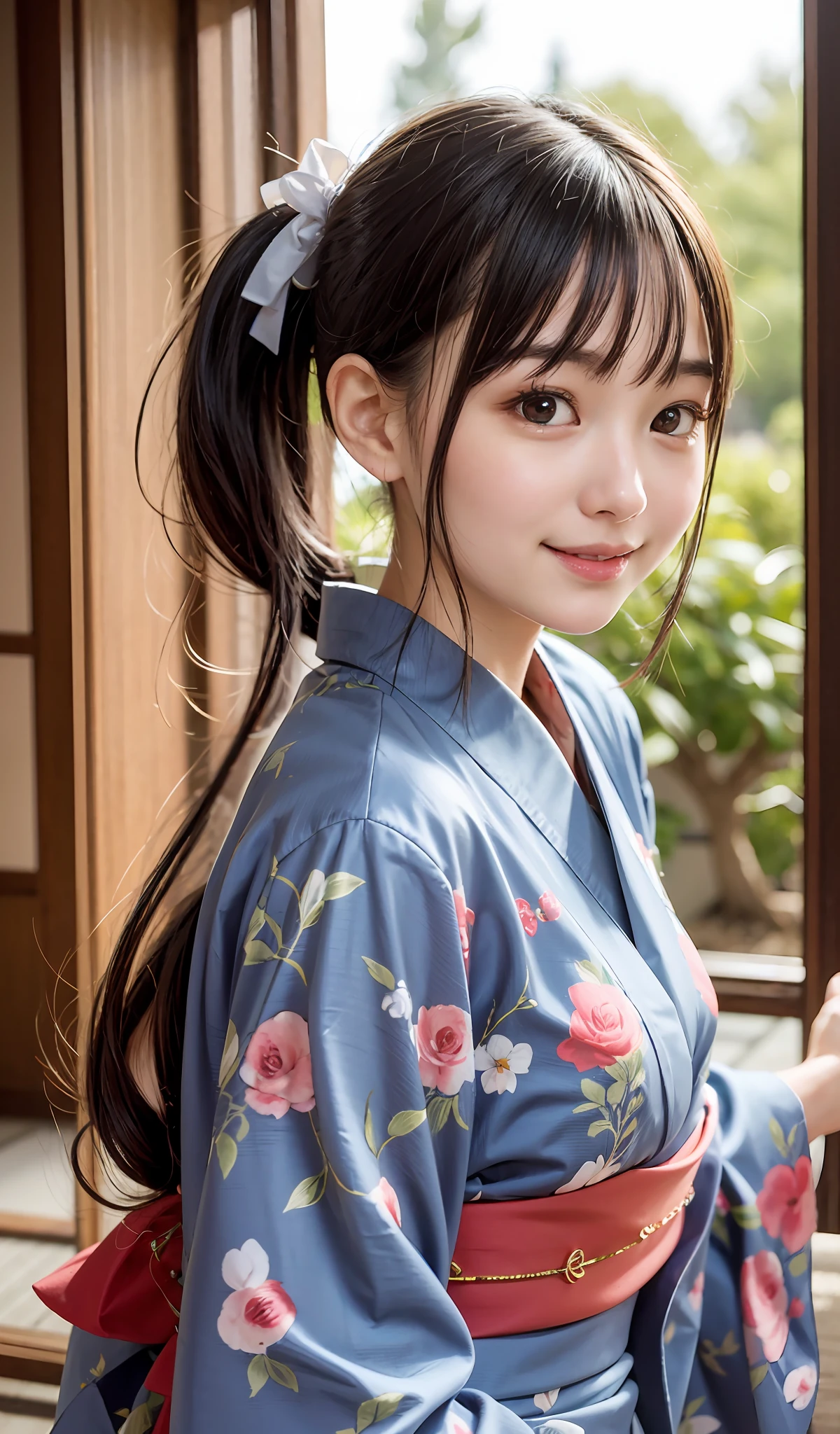 1 girl、masterwork、maximum quality、Realstic、ponytails、16歳、Japan houses、Thin kimono、porch、water melon、Charming eyes、Sorrisos、extremely detailed