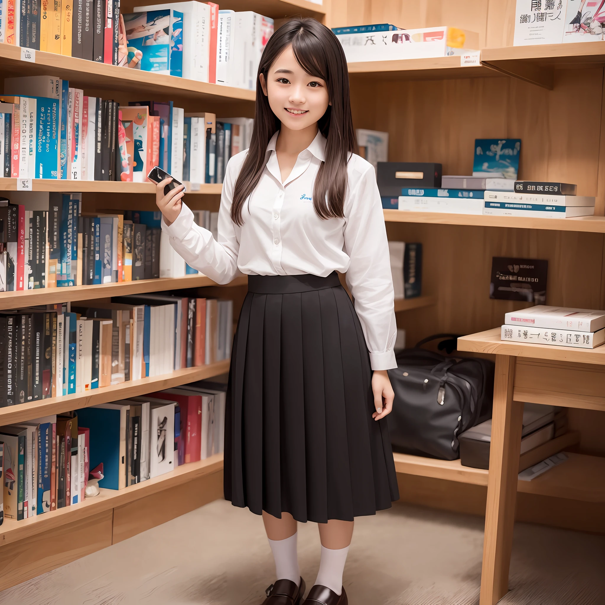 in 8K、RAW Photography、Best image quality、masterwork、Realstic、pfotorealistic、high-contrast、real picture、Ultra-detail、Professional lighting、a 1 girl、all-body、Height is 160 cm、  high school girl, School Library、japanese high school uniform、sailor clothing、Neat and clean beautiful girl、a Pretty、Brown shorthair、Thicker natural eyebrows、Dark brown sauce eyes、plump lips、Black loafers、A smile that tends to bite --auto