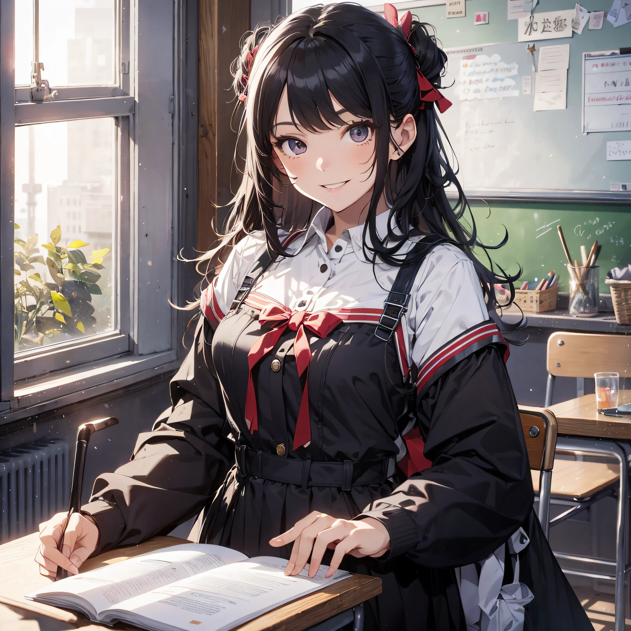 Ridiculous resolution,high resolutions,(master-piece:1.4),ultra-details,A black-haired young woman dressed in a school costume,classroom,Happy expression,Stand