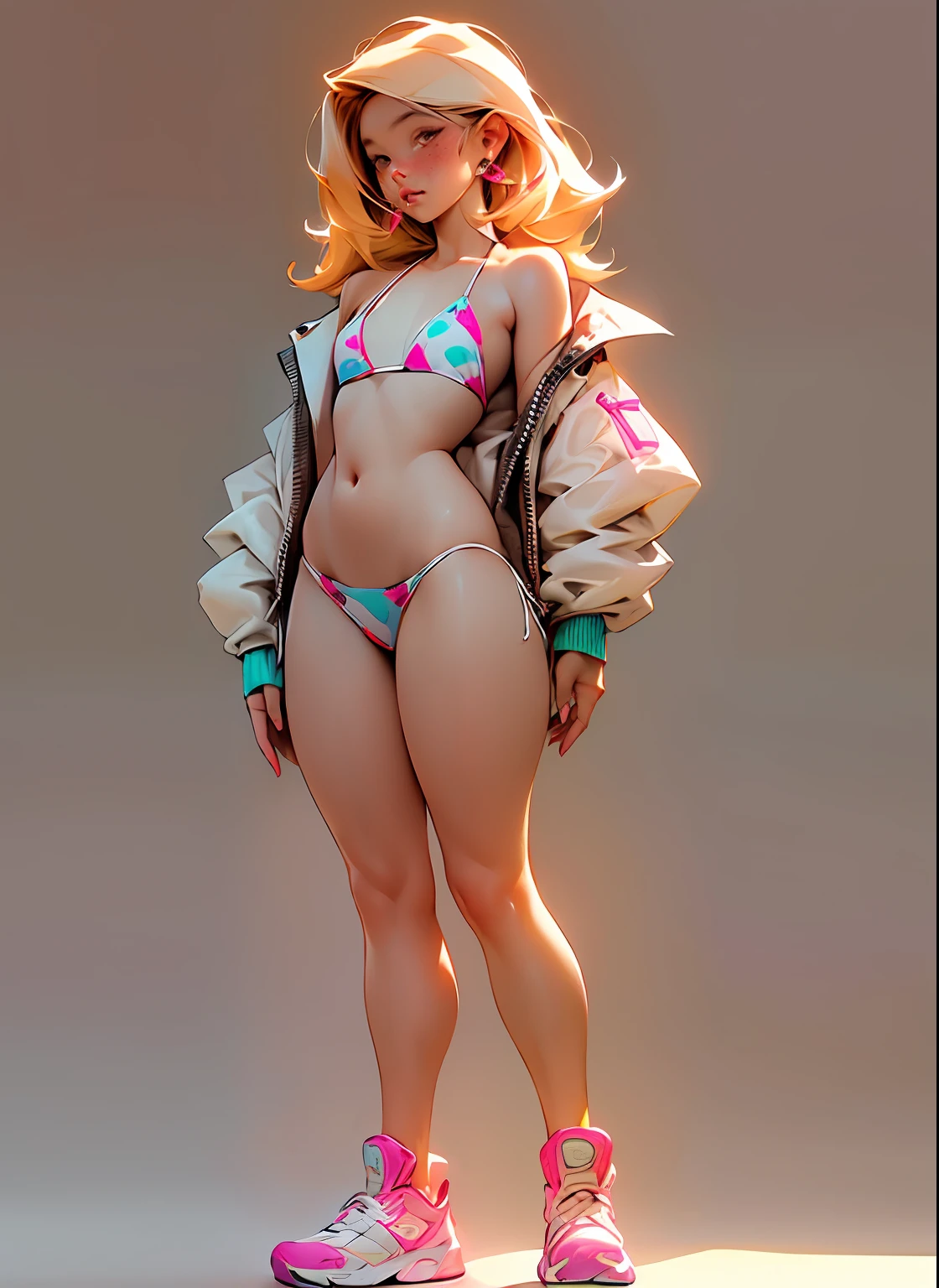 (a little bit chubby: 1.7) wide hips, thick thighs, thick body, pale skin, milky skin, (no jacket: 1.3), anatomically correct, (head to toe: 2.1), (full body image: 1.9), 1girls, solo, extremely stylized, deviant art, masterpiece, highly detailed, bright eyes, detailed eyes, expressive detailed eyes, wide eyed, detailed pupils, futuristic, (tiny bikini:1.4), white printed bikini, blush, small breasts, ((nipping out:1.5)), (((nipping out))), lots of freckles, super textured detailed skin, entire body image, full body shot, nvinkpunk, professional photograph of alexander_skarsgard,