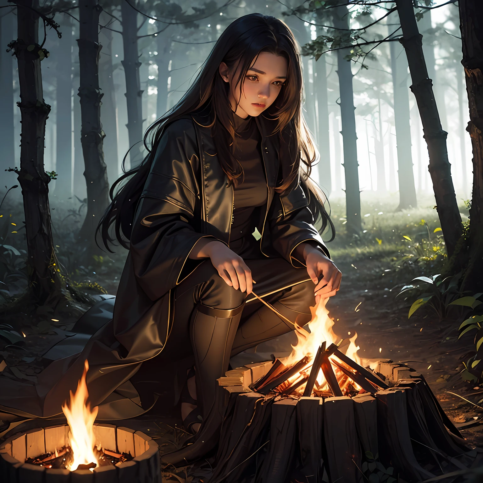 1girl, solo, official art, unity 8k wallpaper, ultra detailed, beautiful and aesthetic, masterpiece, best quality, photorealistic, glowworm, in the wood of (firefly:1.3), bonfire, dark theme --auto