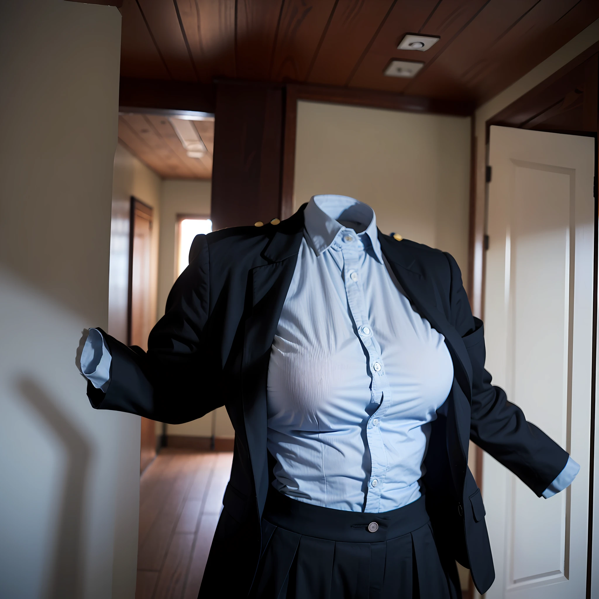 (insanely detailed), (16k), ((no humans)), ((invisible)), ((faceless)), ((headless)), ((empty clothes)), ((huge breasts)), girls' school uniforms swells as if possessed by invisible girls, huge breasts, (pants), (blazer)