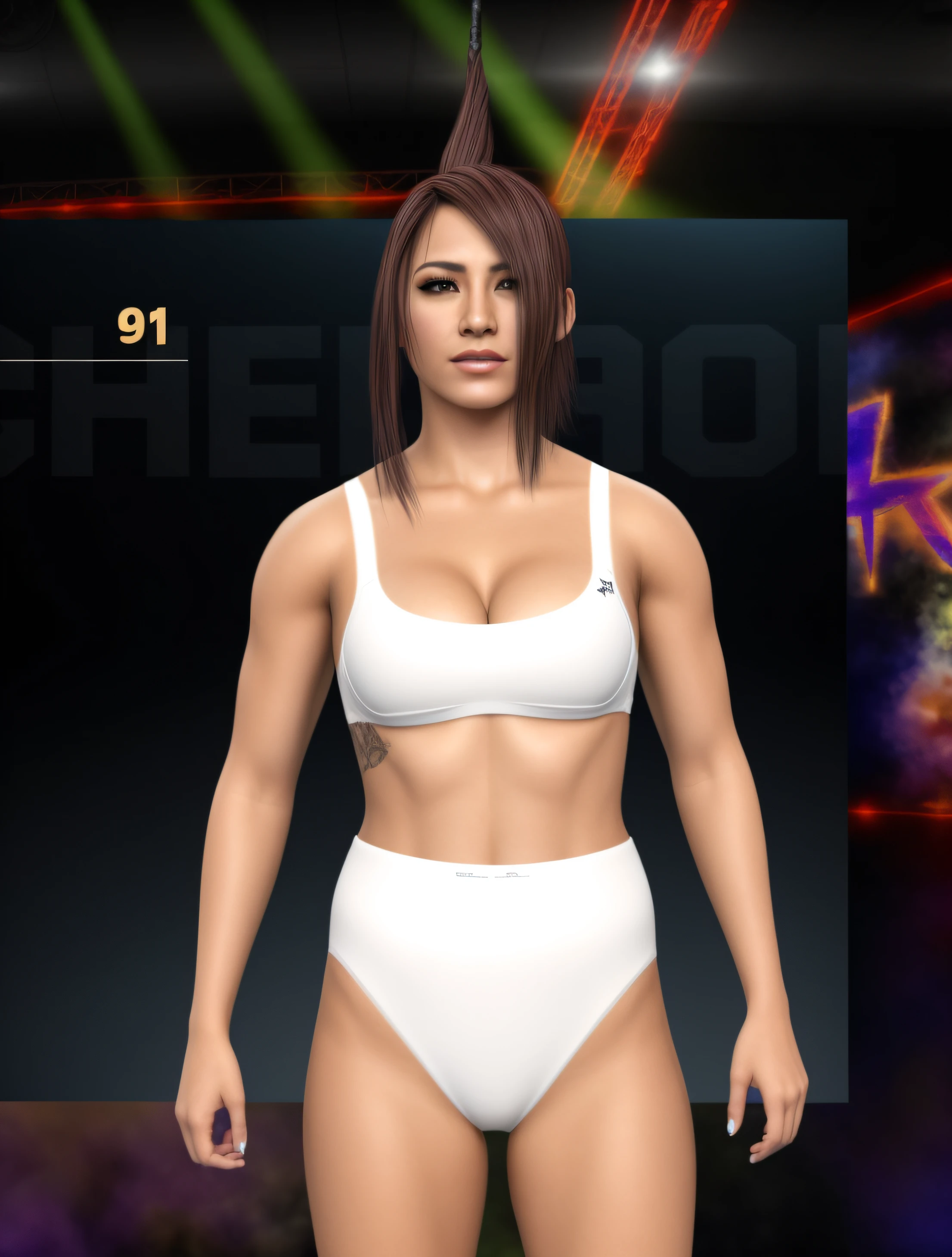 Punk Hispanic female wrestler with Mohawk, in white bra and white cotton high cut panties, photo realistic, intricate details