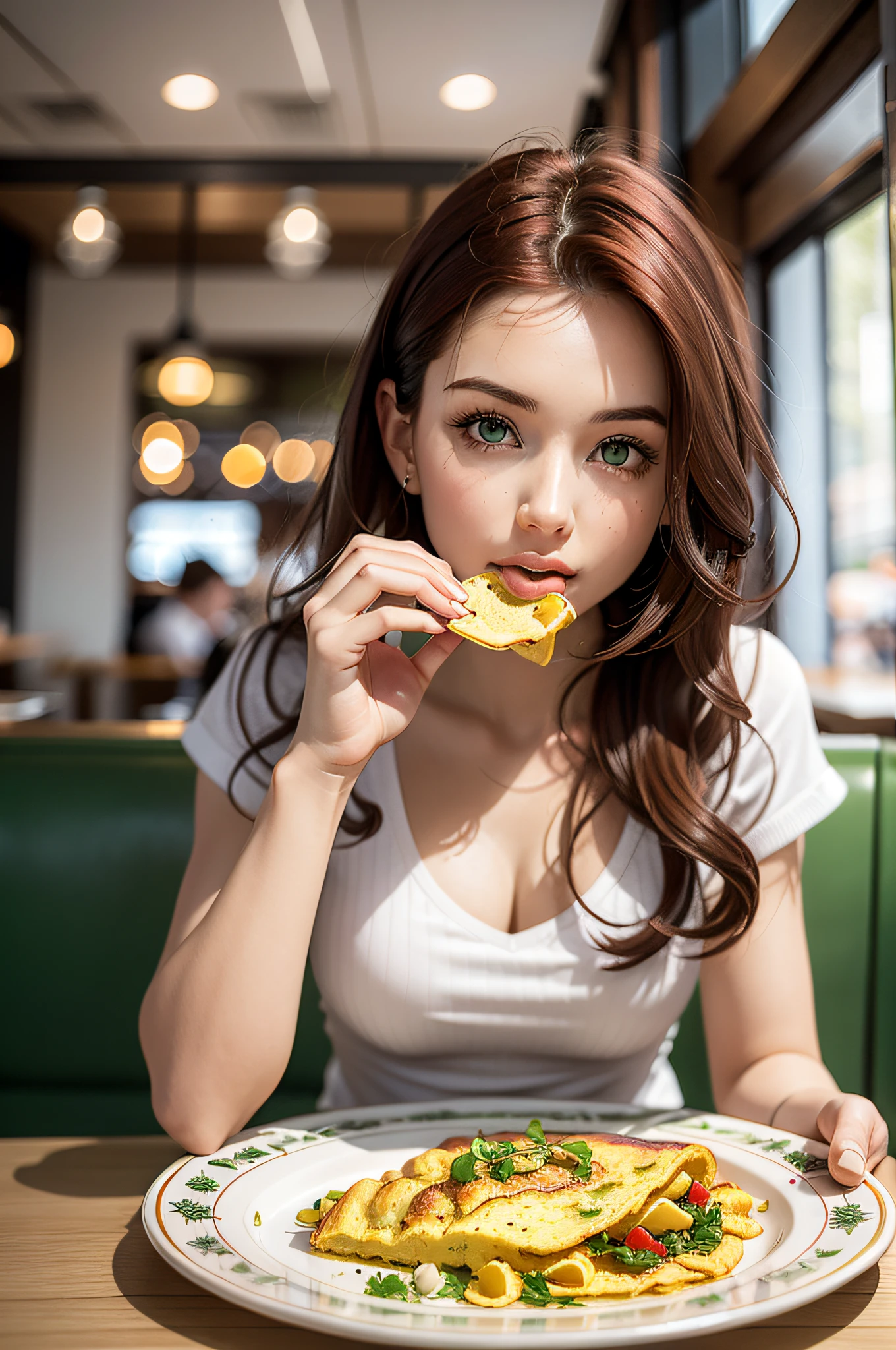 nutritionist, 25 years old, perfect, redhead, eating a flat plate of omelette, green eyes, in a restaurant, perfect body