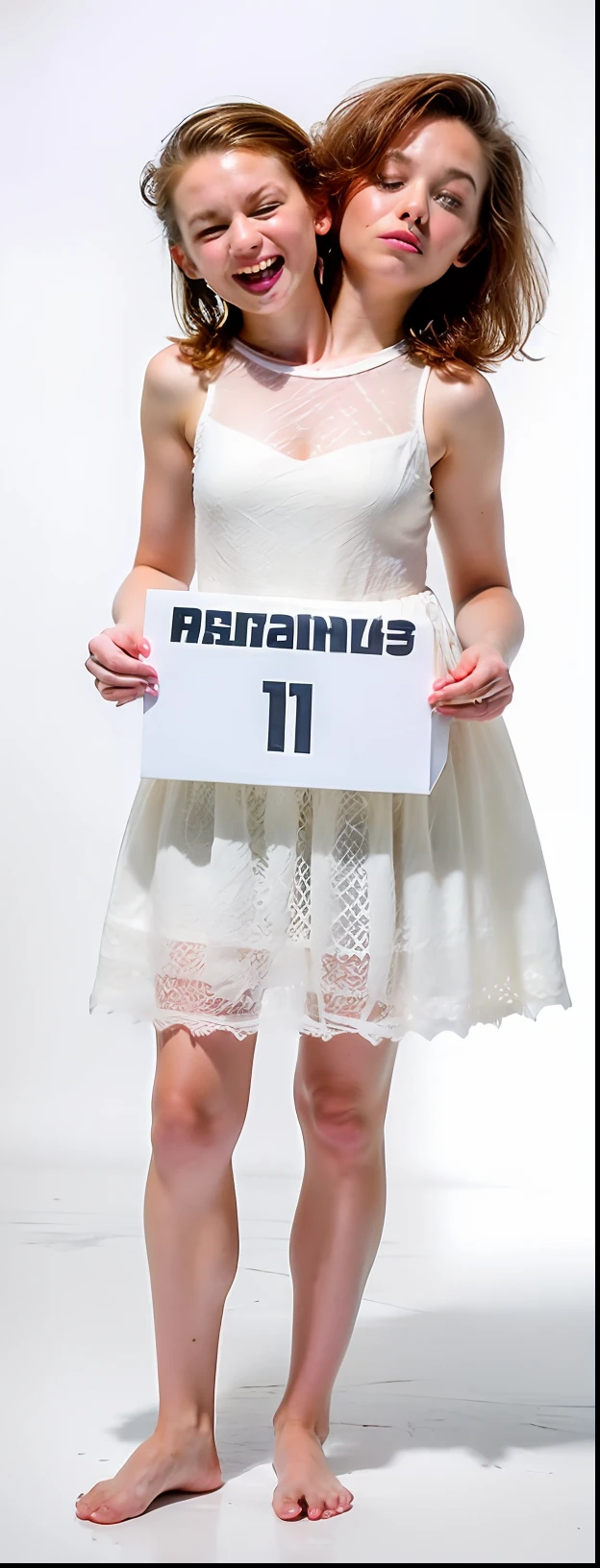 2heads, two headed girl, (one torso:1.5), pale skin, Scottish redhead, teenager, white girls, (two heads on one body:1.4), (first head uncomfortable:1.5), (second head unhappy:1.5) conjoined twins, heads side by side, one torso, young, uncomfortable, barefoot