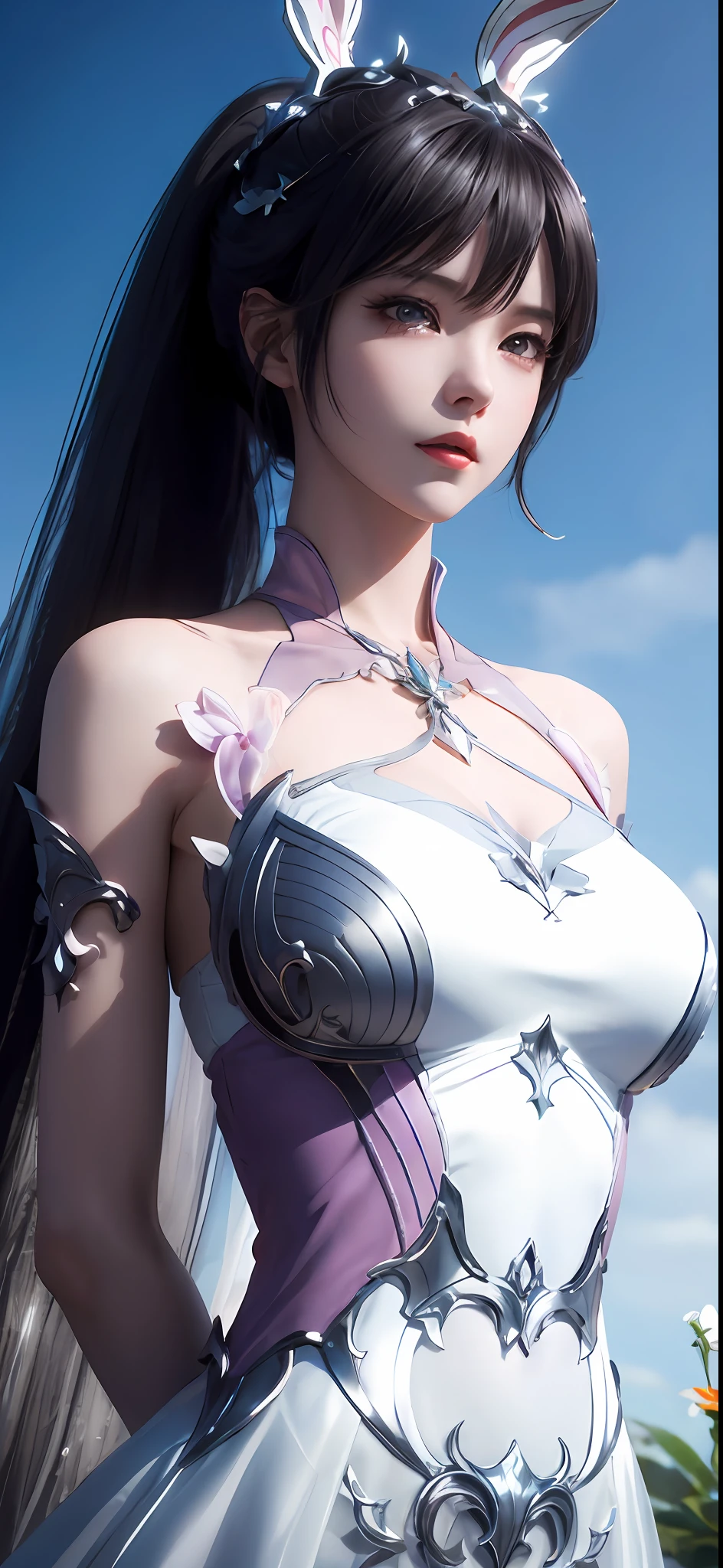 Anime - Stylistic image of a woman in a white and purple dress,Full body photo,white stocking,Long legs,4 k detail fantasy,3 d render character art 8 k,anime highly detailed,Smooth anime CG art,Popular on CGstation,8K high-quality detail art,goddesses。extremely high details,hyperdetailed fantasy character,highly detailed character,2。5 D CGI anime fantasy artwork
