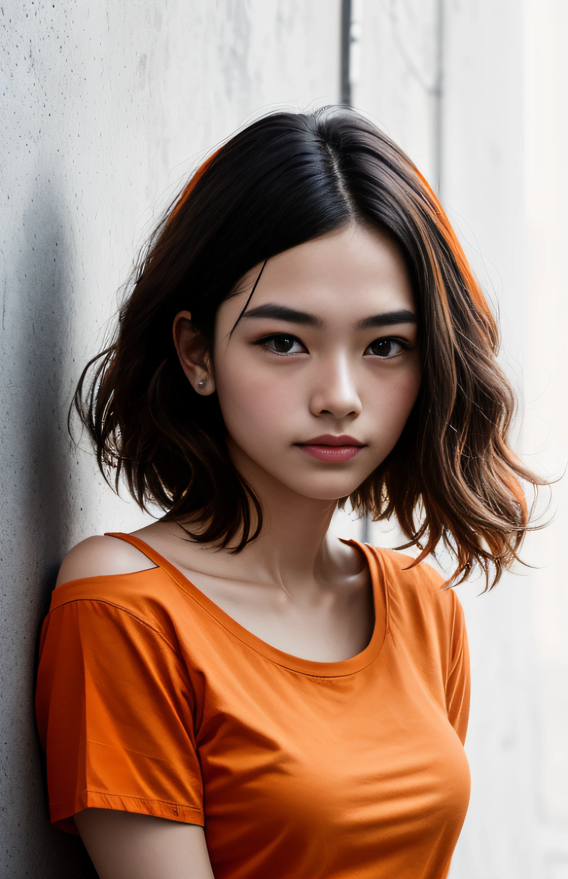 cyberpunk portrait photography, 19 years old ,Japenase ,web designer,cute young girl looking off camera, super realistic face, eyes visible through hair, proper eye position, natural skin, soft light, rim light, in white wall drop, detailed background, intricate , highly detail, octane render, HD, 8k, by Annie Leibovitz,120mm, shoulder,front view,(((wearing a Simple orange shirt ))), fit body,,look at front,((front view)),Half-Up and Half-Down hair style
