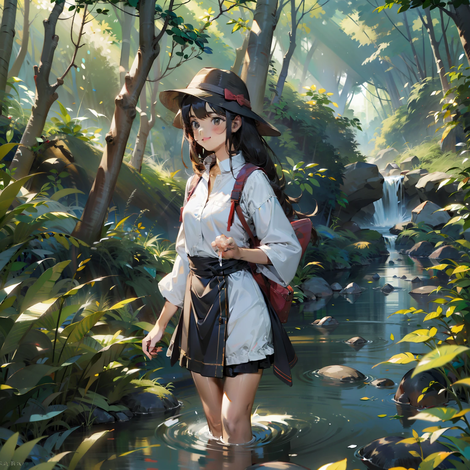 Beautiful  Chinese girl，4 and a half sweet smile，Make loving movements with your hands above your head，White gauze dress，Pink openwork shoes，Carrying a small watermelon kettle on his back，Stand on a forest path，The light is soft，Shines through the branches to the ground，There is a small stream running next to it，There are small squirrels drinking water by the stream