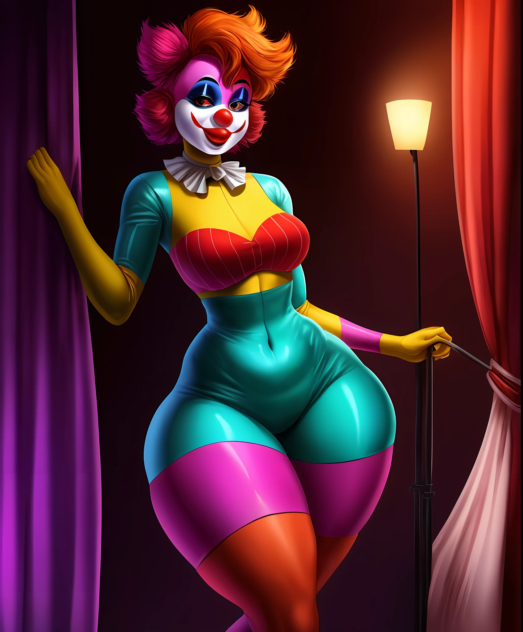 Clown girl, wide hips, huge thighs, thin waist, tight clown clothes, clothes that define the curves of the body, clown makeup, wide smile, Circus dressing room as a background , masterpiece, HD, vibrant, dark atmosphere