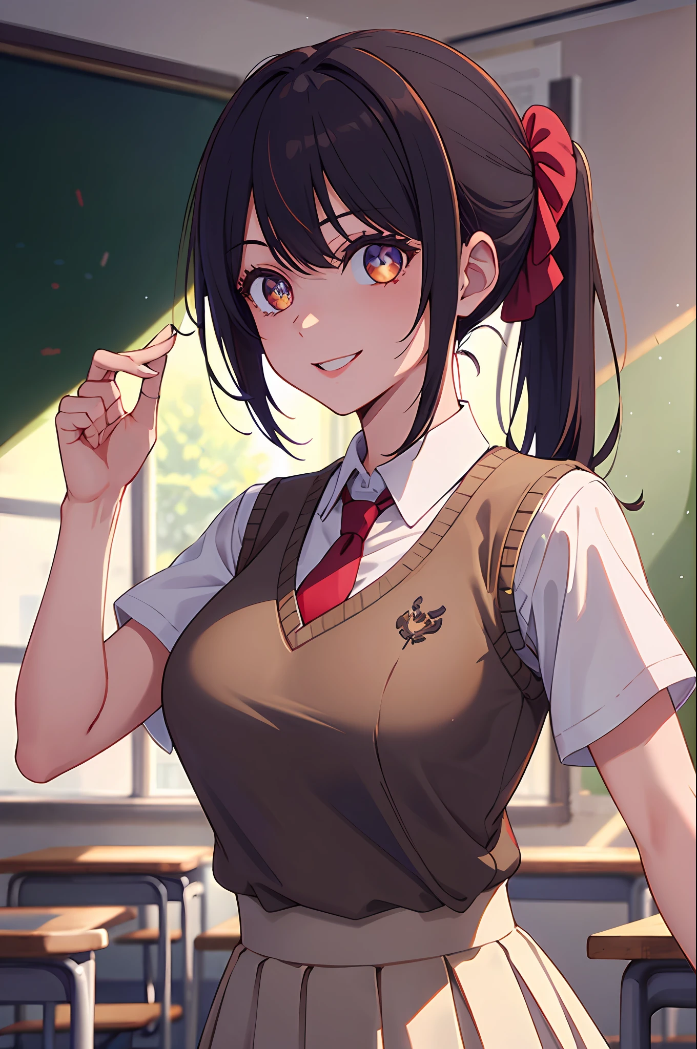 riofutaba, highres, highest quallity, illustration, ultra detailed, (detailed face), (detailed eyes), soft lighting, best quality, hyper detailed, masterpiece, 1girl, solo, outfit2, ashe brown hair, ponytail, scrunchie, brown eyes, sweater vest, beige vest, white shirt, short sleeved shirt, pleated skirt, red necktie, luminous eyes, large breasts, (colorful), upper body, smile, indoors, classroom, looking at viewer
