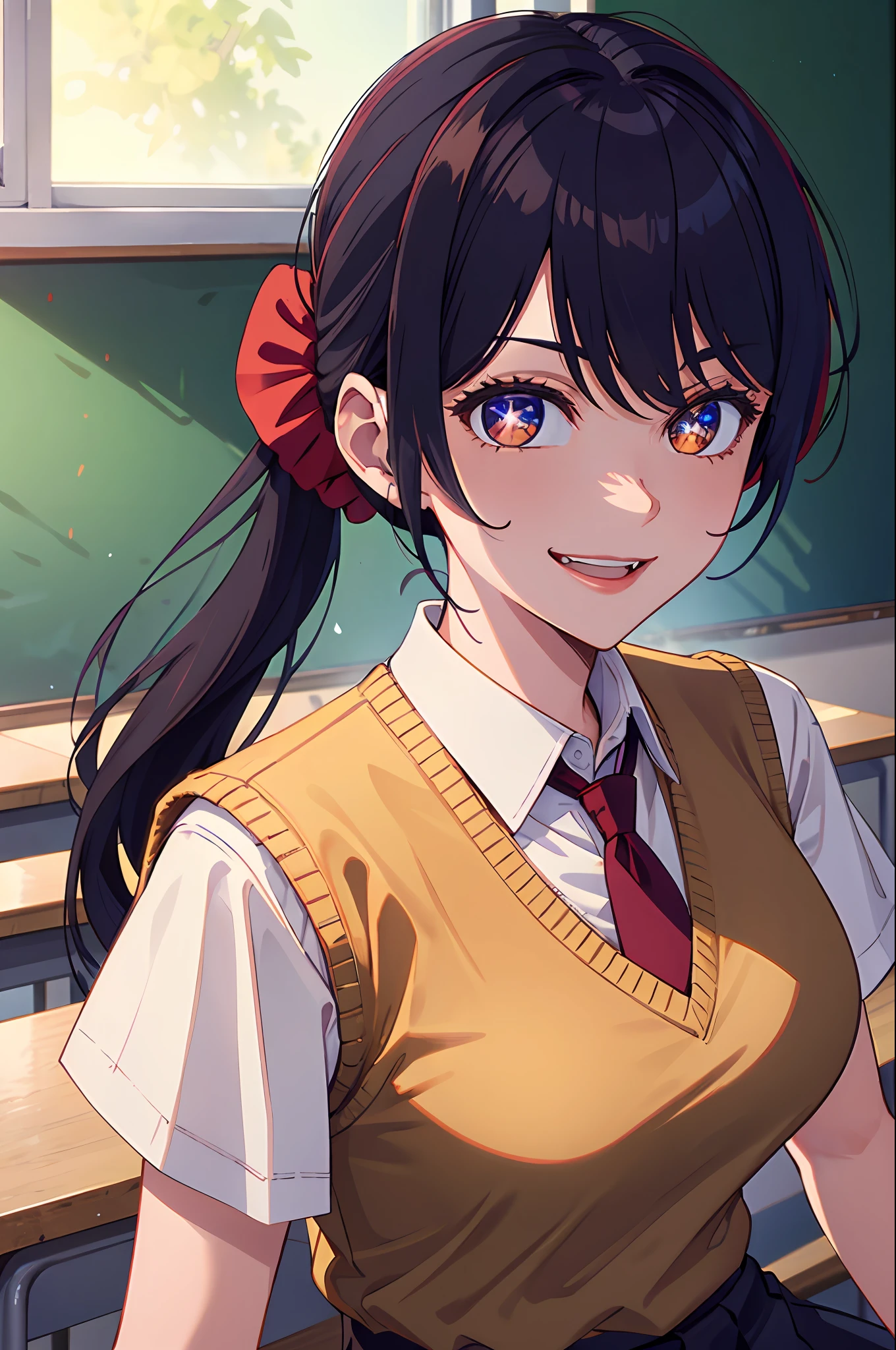 riofutaba, highres, highest quallity, illustration, ultra detailed, (detailed face), (detailed eyes), soft lighting, best quality, hyper detailed, masterpiece, 1girl, solo, outfit2, ashe brown hair, ponytail, scrunchie, brown eyes, sweater vest, beige vest, white shirt, short sleeved shirt, pleated skirt, red necktie, luminous eyes, large breasts, (colorful), upper body, smile, indoors, classroom, looking at viewer