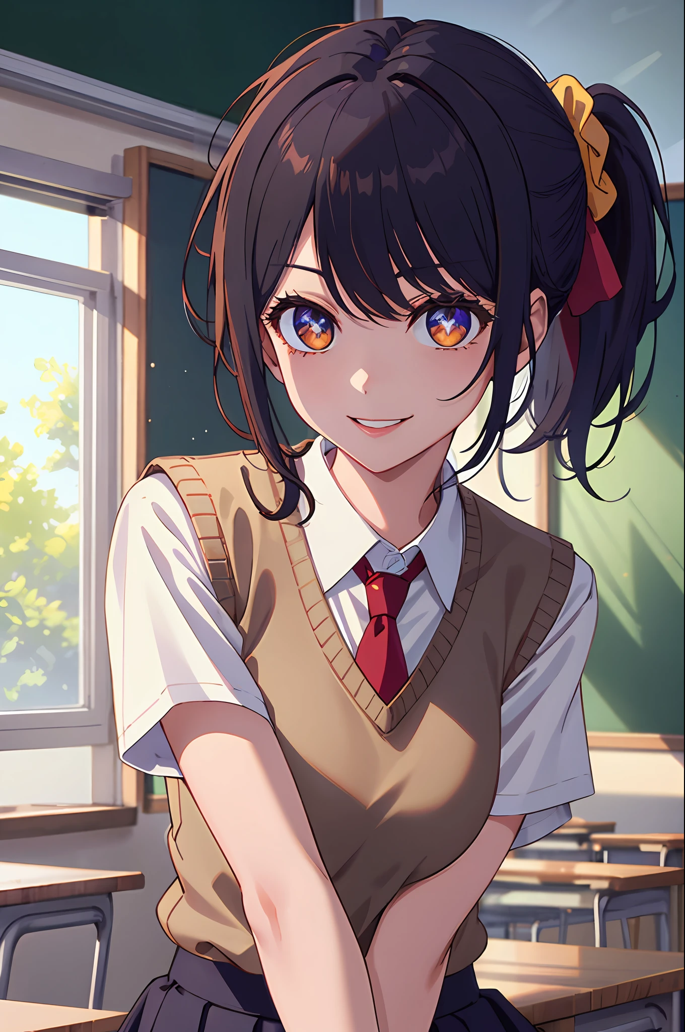 riofutaba, highres, highest quallity, illustration,  ultra detailed, (detailed face), (detailed eyes), soft lighting, best quality, hyper detailed, masterpiece, 1girl, solo, outfit2, ashe brown hair, ponytail, scrunchie, brown eyes, sweater vest, beige vest, white shirt, short sleeved shirt, pleated skirt, red necktie,  luminous eyes, large breasts, (colorful), upper body, smile, indoors, classroom, looking at viewer
