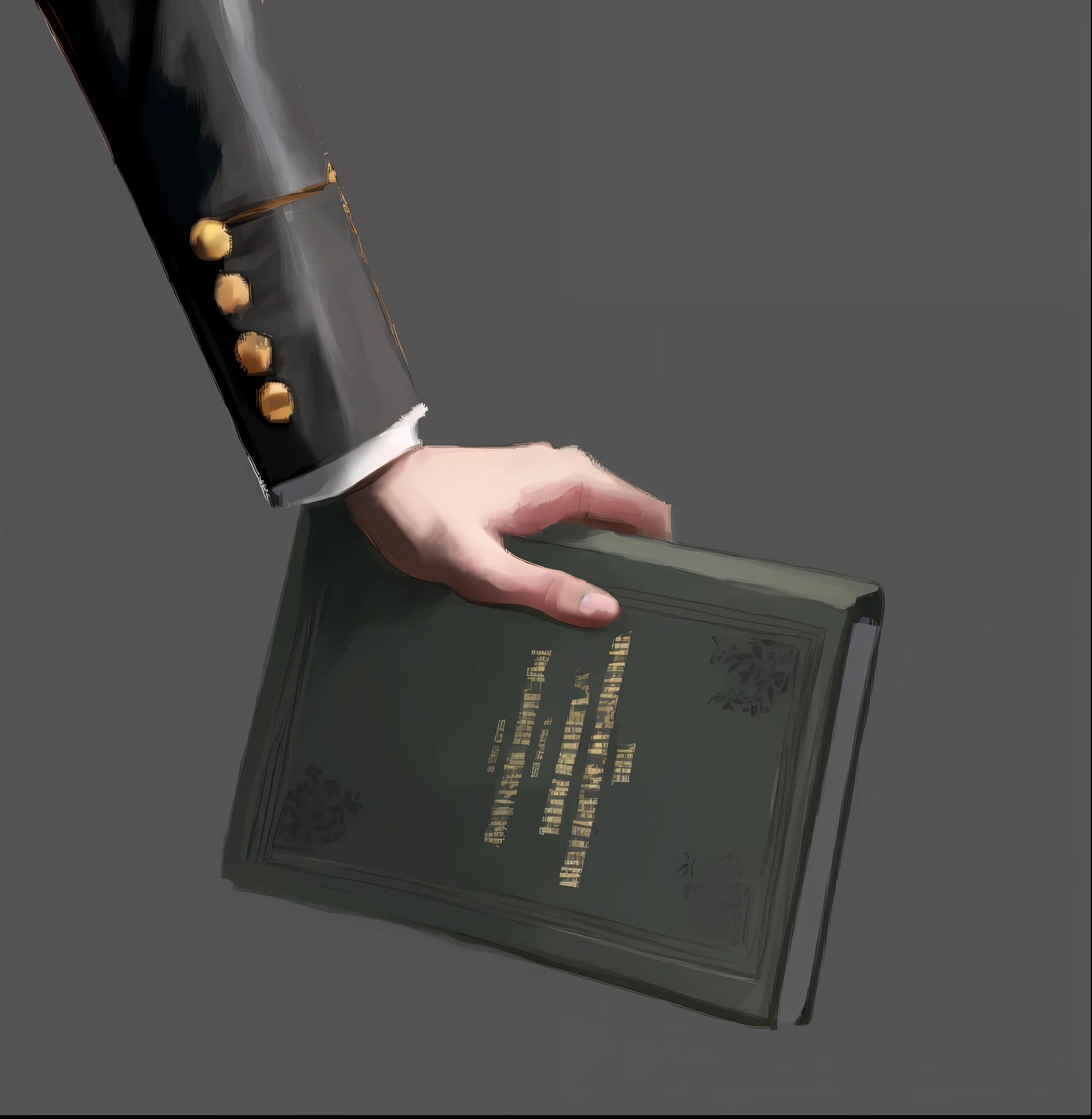 Someone was holding a book in his hand，dressed in a suit, holding grimoire, Book in hand, holding a giant book, Holding a book, he is holding a large book, holding spell book, holding a tattered magical book, holding notebook, detailed book illustration, holding books, diary on her hand, read a directory book, digital painted, concept piece