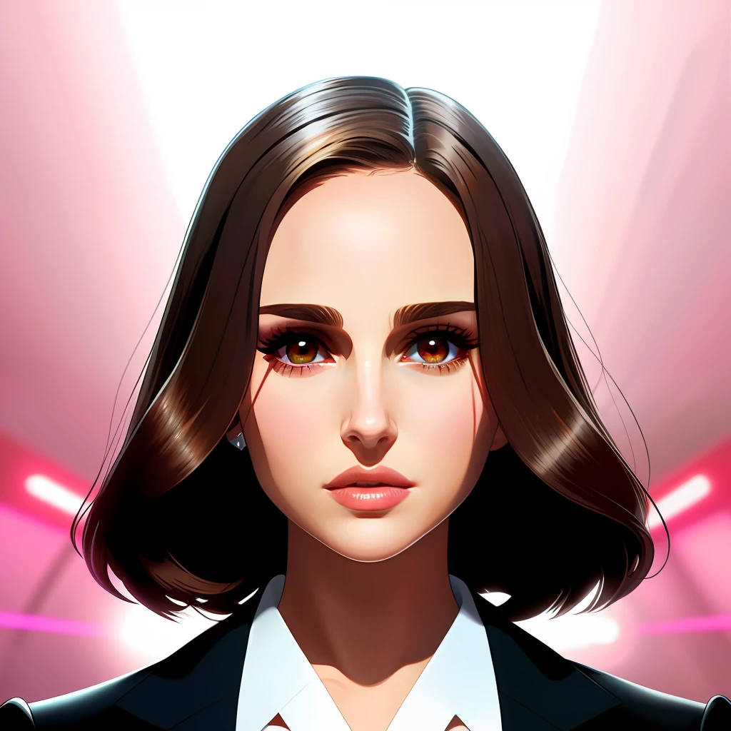 close up flat vector art,portrait of woman,natalie portman,looking at camera,front stance,front profile,natalie portman in a suit, hyperrealistic portrait of natalie portman, television screenshot, giving a speech, close up face, youtube video screenshot, full face frontal centered, filmation, but as a photograph, screenshot from an fps, without text, president, 8 spotlightbeautiful anime style woman,natalie portman, flat color, wide angle, clean detailed faces, intracate clothing, analogous colors, glowing shadows, beautiful gradient, depth of field, clean image, high quality, high detail, high definition, Luminous Studio graphics engine, cute face, slim waist, nice hips,