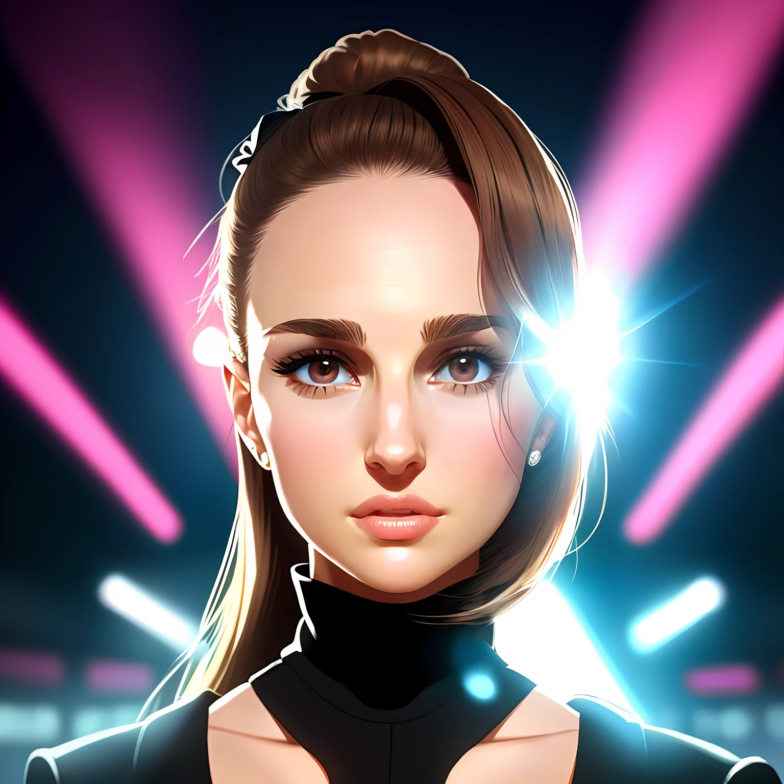 close up flat vector art,portrait of woman,natalie portman,looking at camera,front stance,front profile,natalie portman in a suit, hyperrealistic portrait of natalie portman, television screenshot, giving a speech, close up face, youtube video screenshot, full face frontal centered, filmation, but as a photograph, screenshot from an fps, without text, president, 8 spotlightbeautiful anime style woman,natalie portman, flat color, wide angle, clean detailed faces, intracate clothing, analogous colors, glowing shadows, beautiful gradient, depth of field, clean image, high quality, high detail, high definition, Luminous Studio graphics engine, cute face, slim waist, nice hips,