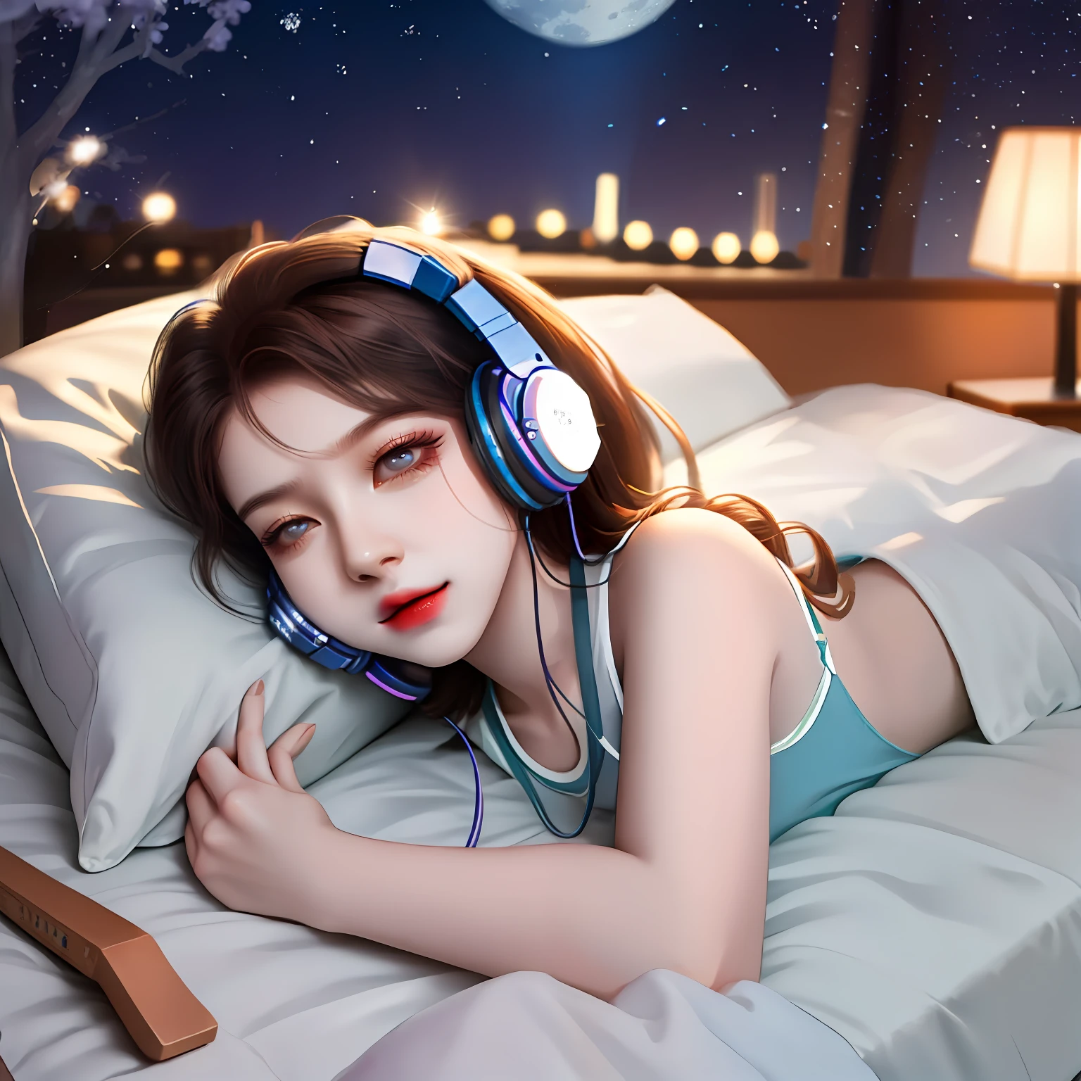 lying on her back on bed in moonlight wearing headphones,The puppy lies beside him。