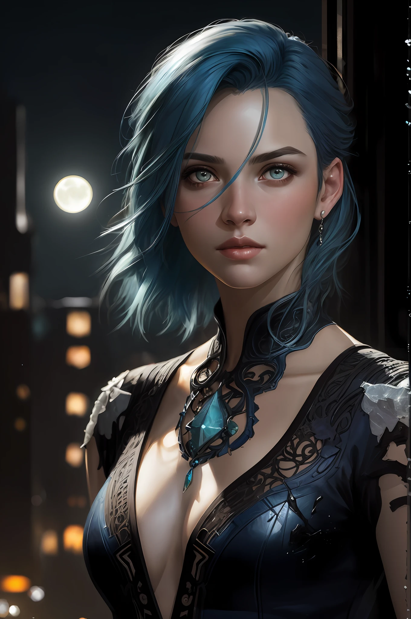 8k portrait of beautiful woman with blue hair, intricate, cool, highly detailed, urban, digital photography, art by artgerm and ruan jia and greg rutkowski surreal painting, night, moonlight, broken glass, (masterpiece, sidelighting, finely detailed beautiful eyes: 1.2), hdr,
