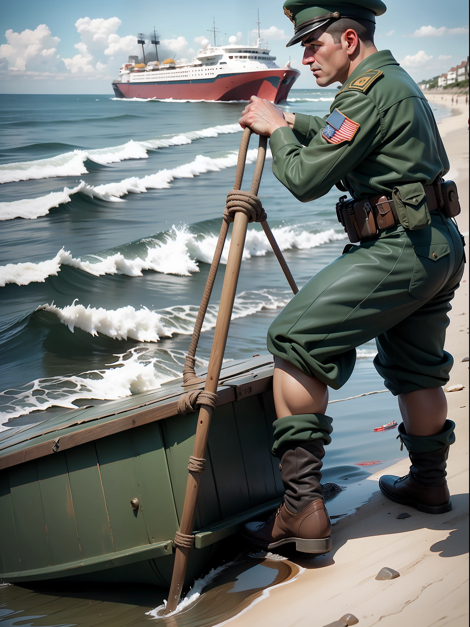 arafed military men are boarding a boat in the water, Dia D, D - Dia, Os desembarques da Normandia, Invadindo as praias da Normandia, Praia de Omaha, ww2 historical photography, ww 2 historical photography, Cyberdemon na praia de Omaha, ww2 historical photo, Slides, 6 de junho de 1944, desembarcando, Foto ww2, iconic shot, Highresolution, realista.