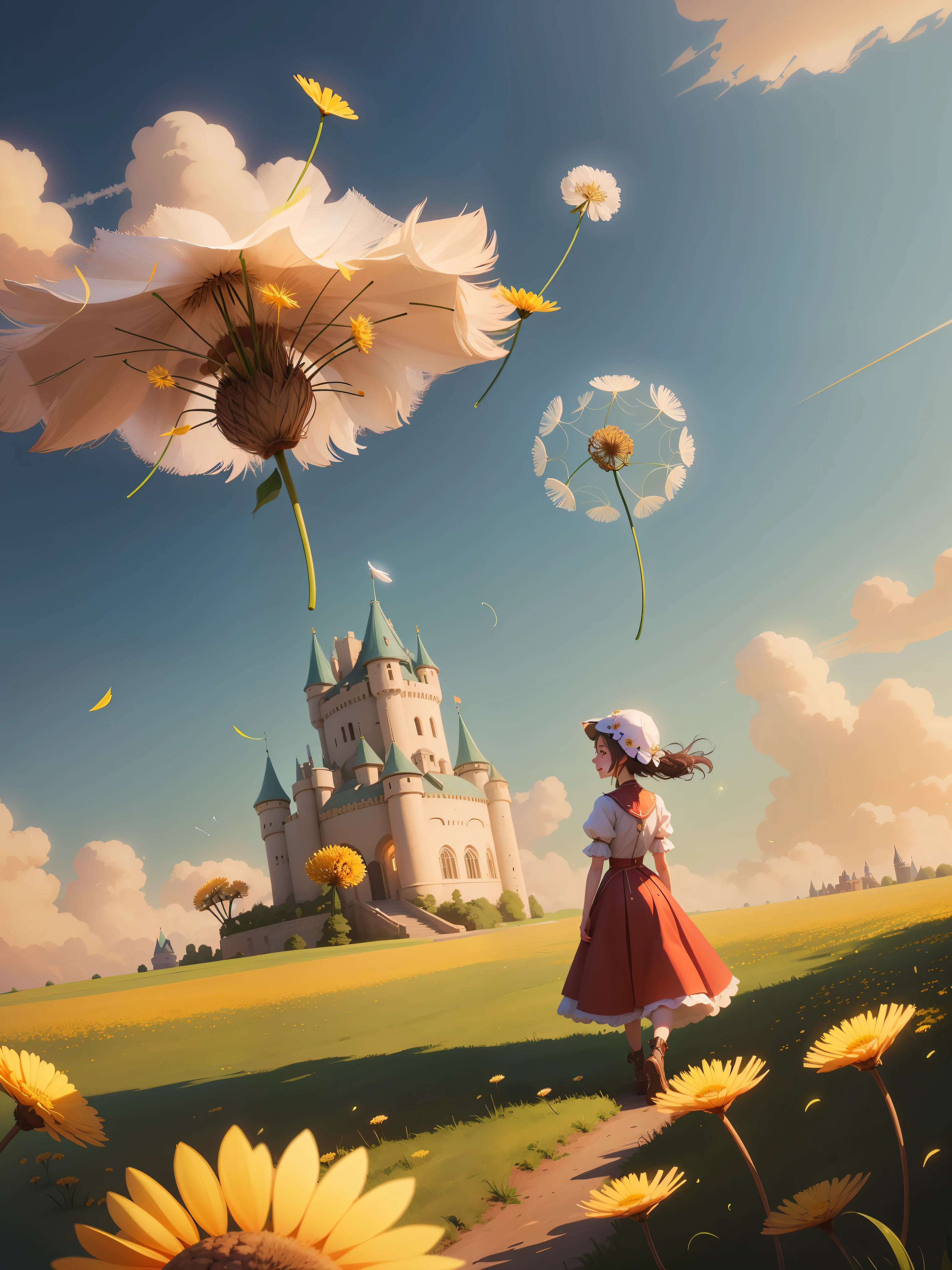 There are many flowers in the meadow，There is a sky background，Many dandelion seeds，Surreal dandelion flower，Yang J，Robots Jones and Ladd，a beautiful artwork illustration，WLOP and RHADS，Li Song，Zhang Chengyu，Beautiful dandelion anime girl wearing her head，Scenes：Dandelion seed field，Scenes：Dandelion seed field，Scenes：Dandelion seed field，Flying dandelion seeds，Happy girl，The girl who turned back，Air Dandelion Castle，The wind swirled，Smile back，Backlit girl