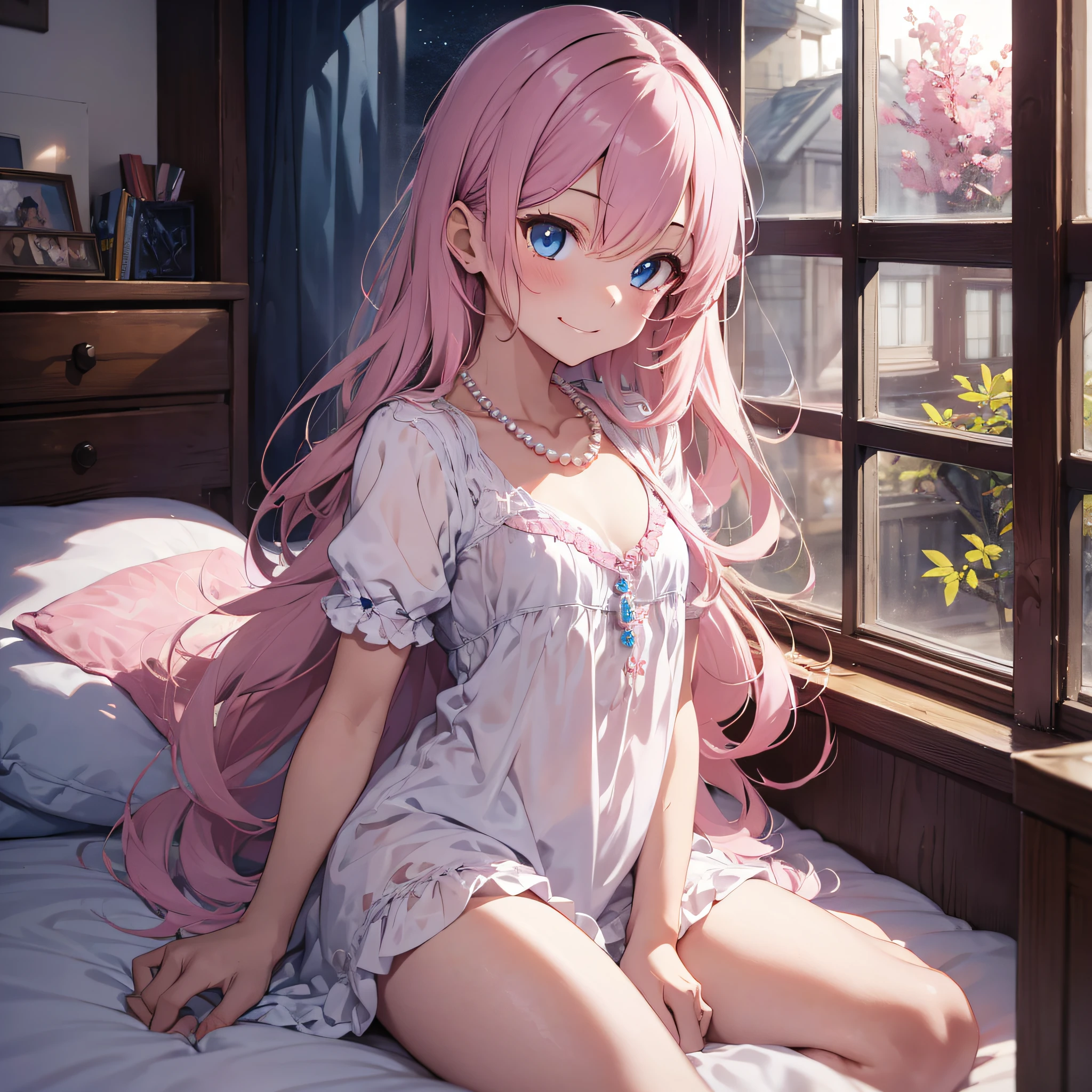 masterpiece, maximum quality, Ultra-detail, break, 1girls, Small Girl, nightgown, ((Detailed Pearl Necklace)),smirks, ((Pink long hair)),Blue eyes, break, lie face down, break, Bed, night, window, kk,